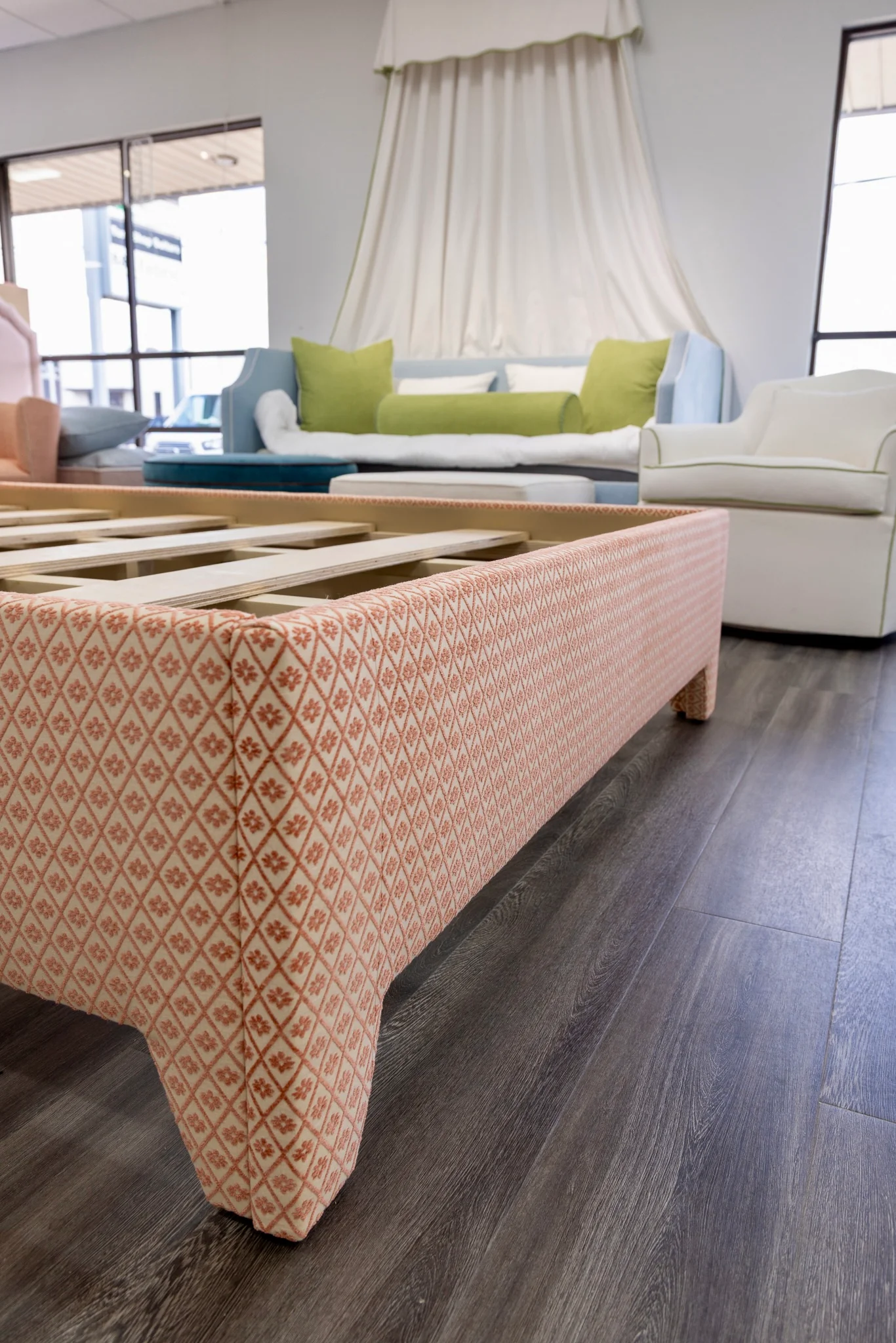 65āH Queen Upholstered Platform Bed - Upholstered Legs - Rust Fabric with White Trim - Image 6