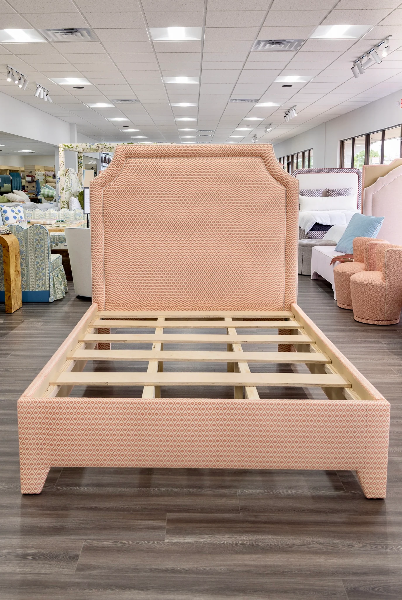 65āH Queen Upholstered Platform Bed - Upholstered Legs - Rust Fabric with White Trim - Image 8