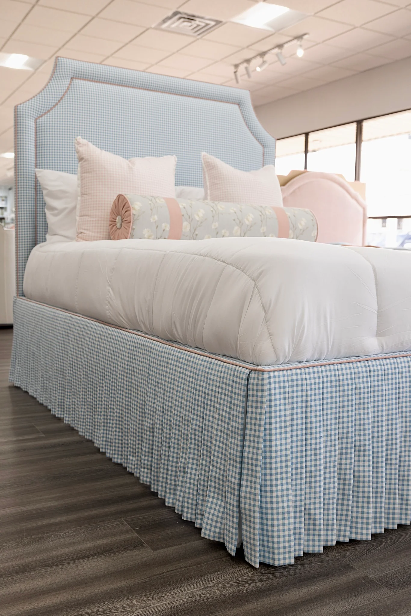 65" H Skirted Platform Base Queen Bed - Blue Gingham Fabric - Blush Pink Trim - Image 10