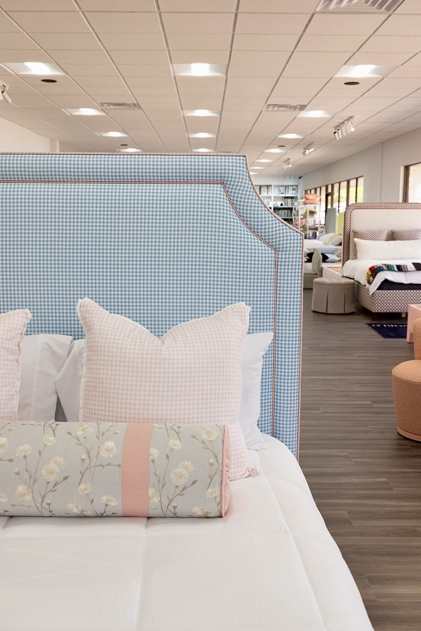 65" H Skirted Platform Base Queen Bed - Blue Gingham Fabric - Blush Pink Trim - Image 2