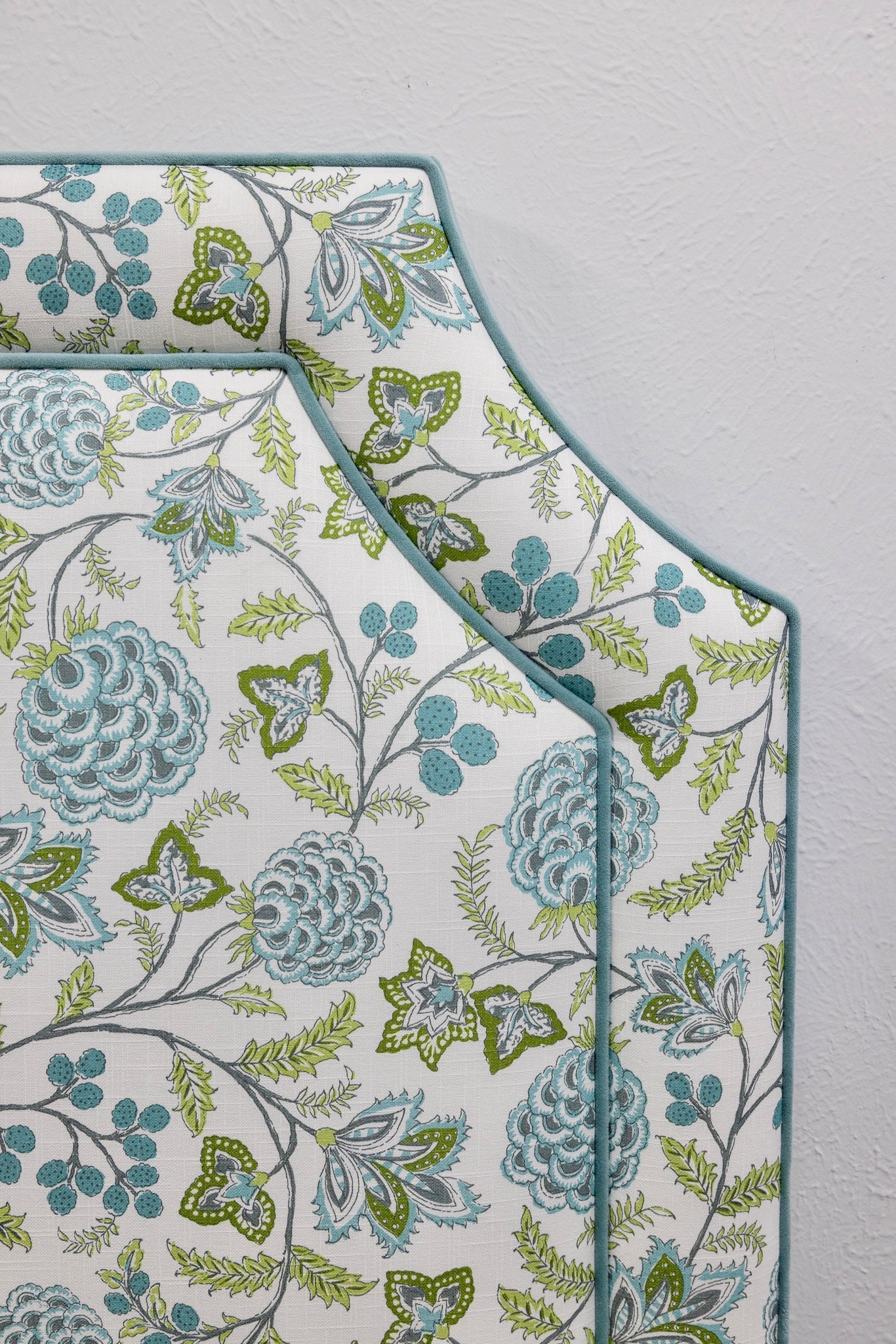 65" H Twin Headboard - Floral Blue / Green Linen Fabric - Image 2