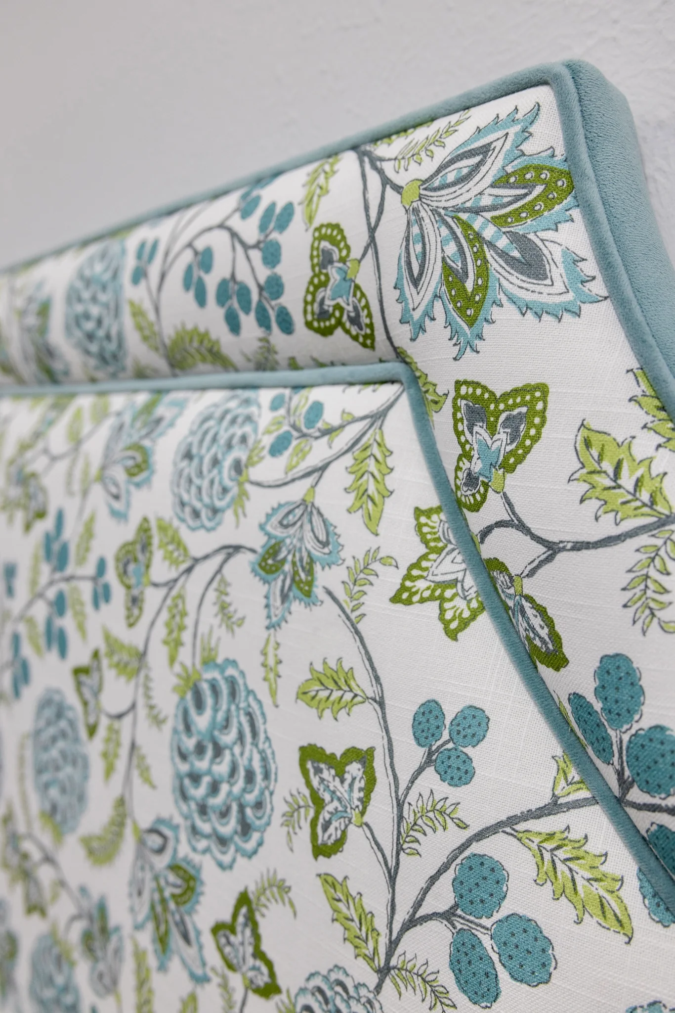 65" H Twin Headboard - Floral Blue / Green Linen Fabric - Image 3