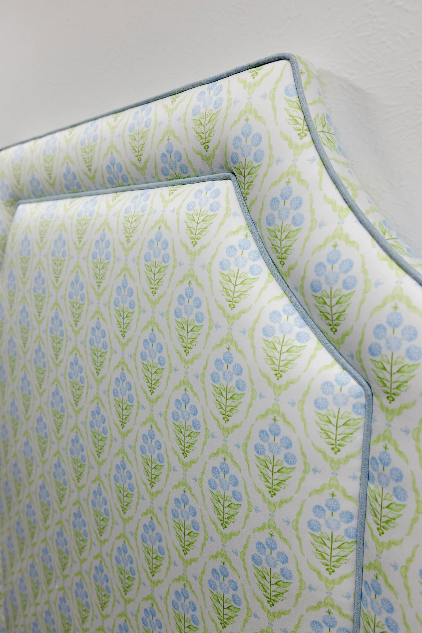 65" H Twin Headboard - Floral Blue / Green Satin Fabric - Image 2