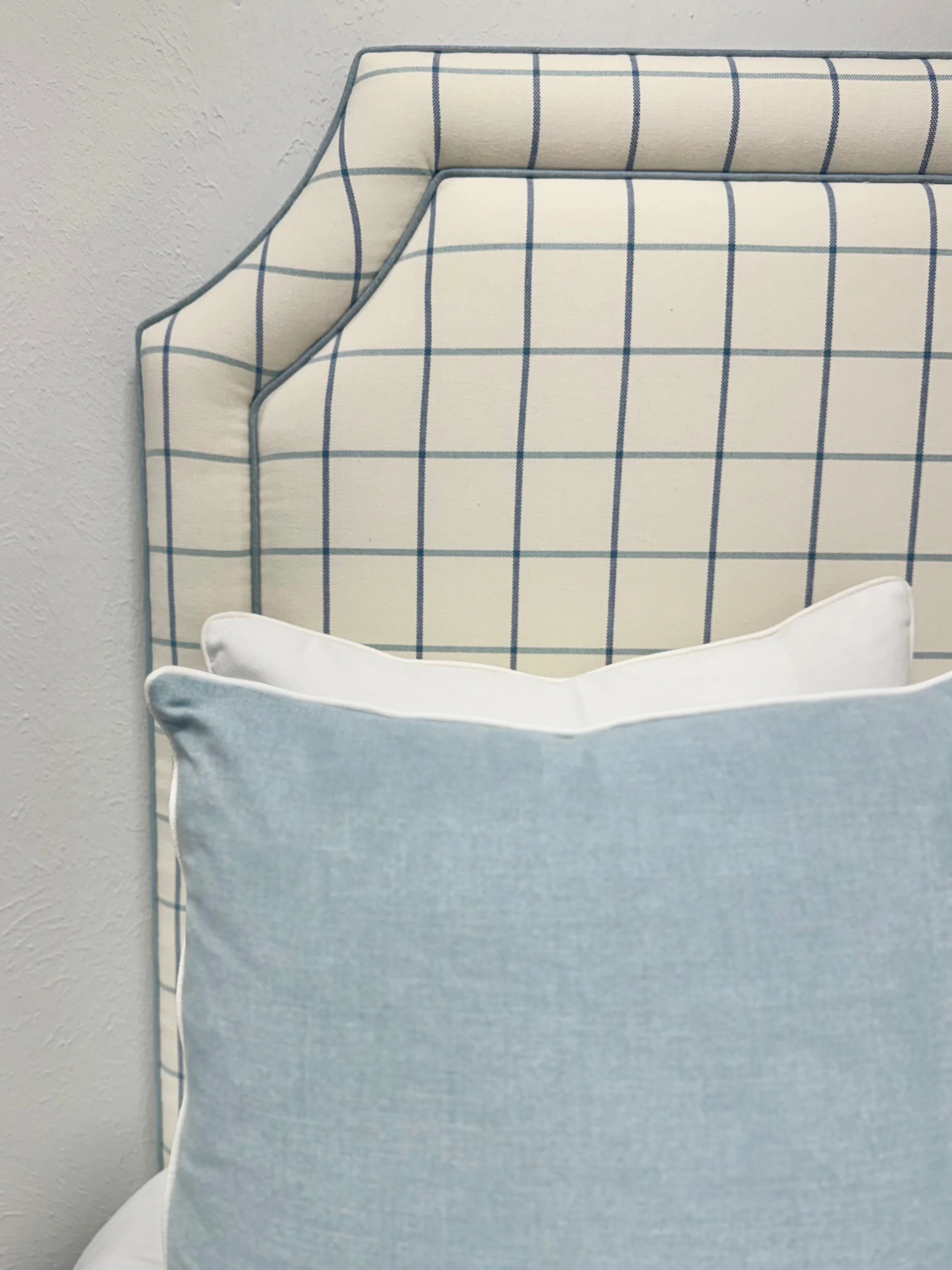 65”H Twin Headboard in Checkered Fabric - Sky Blue Trim - Image 2