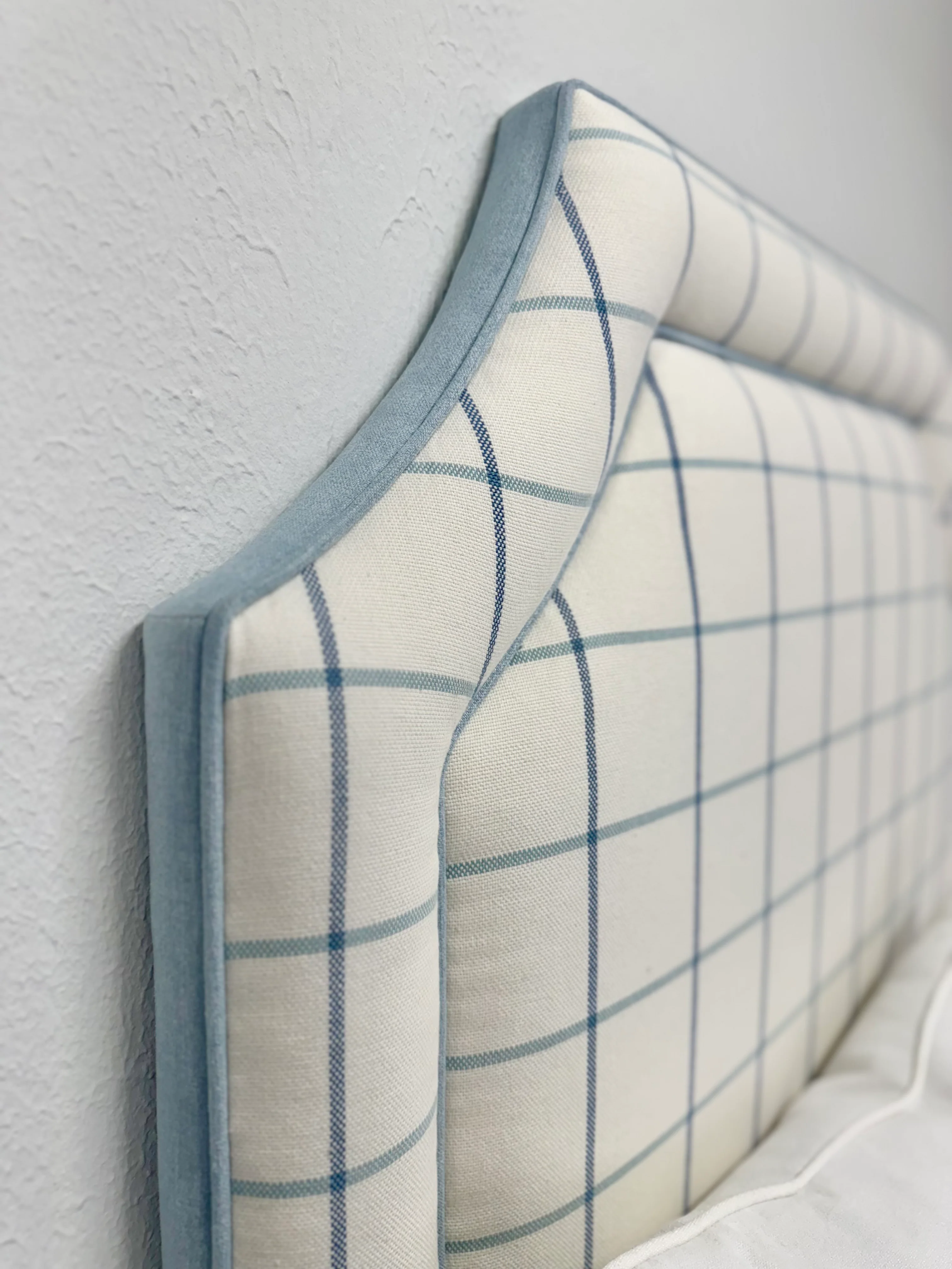 65”H Twin Headboard in Checkered Fabric - Sky Blue Trim - Image 3