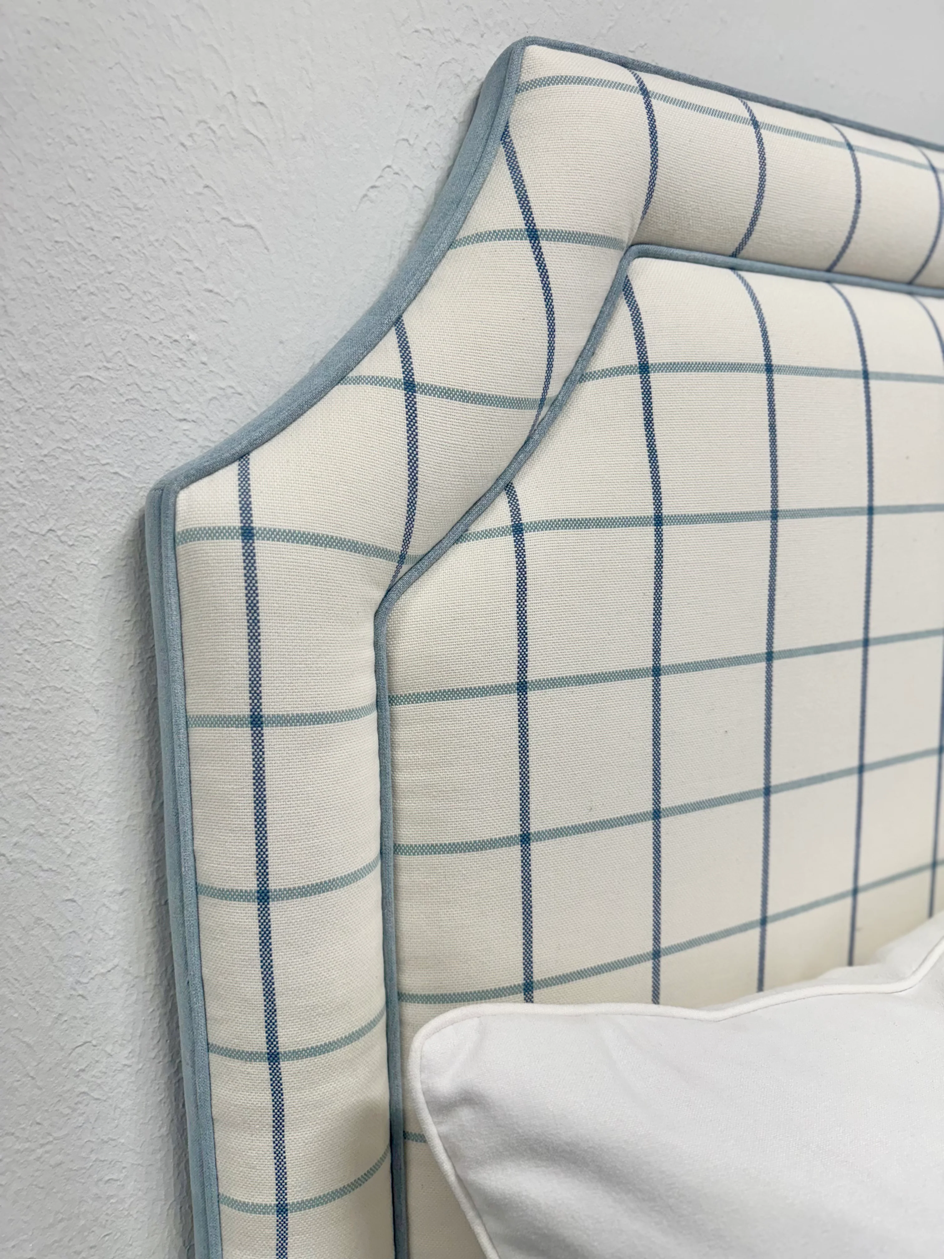 65”H Twin Headboard in Checkered Fabric - Sky Blue Trim - Image 4
