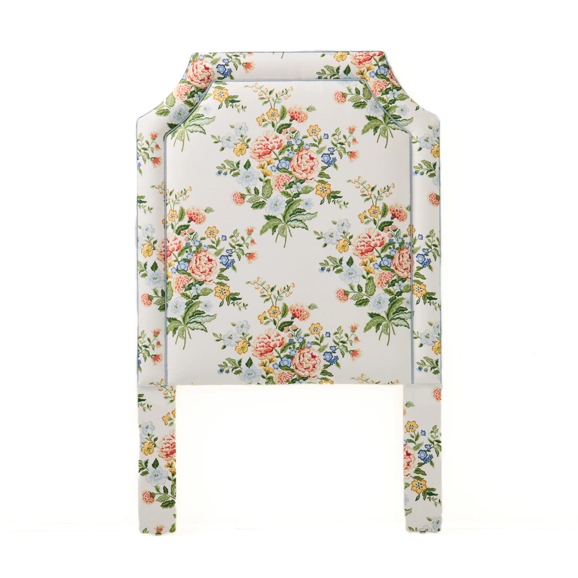 65”H Twin Headboard in Floral Bouquet Fabric from Fabricut - Blue Trim