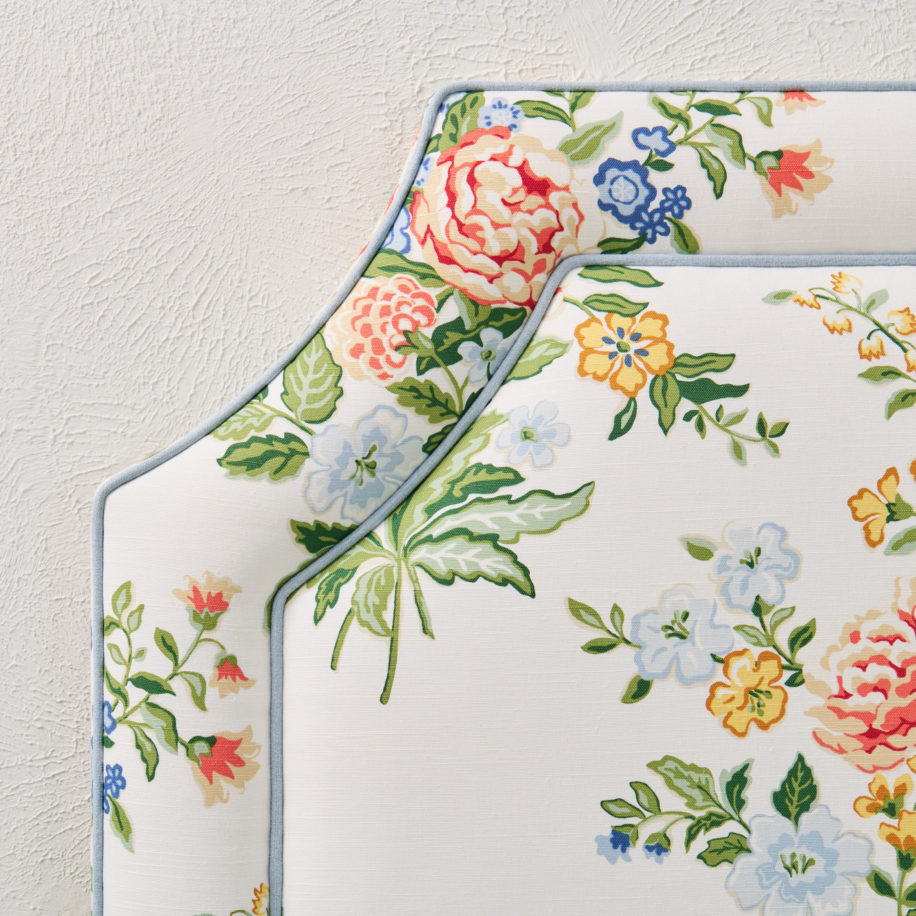 65”H Twin Headboard in Floral Bouquet Fabric from Fabricut - Blue Trim - Image 3