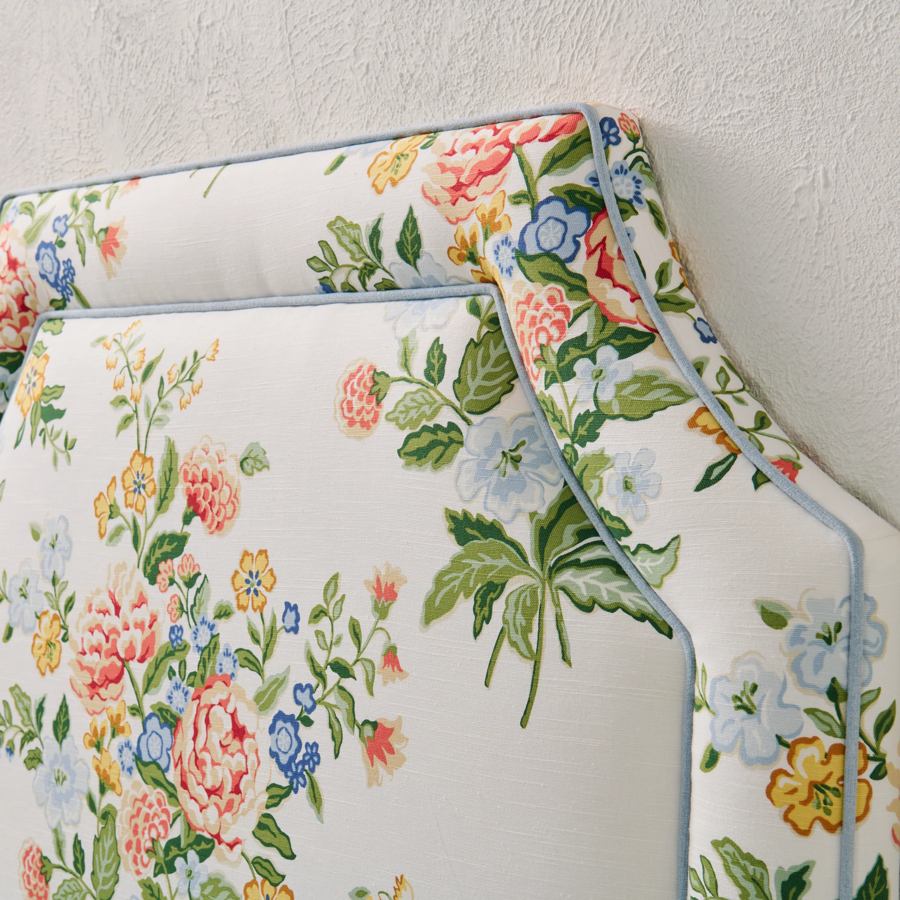 65”H Twin Headboard in Floral Bouquet Fabric from Fabricut - Blue Trim - Image 5