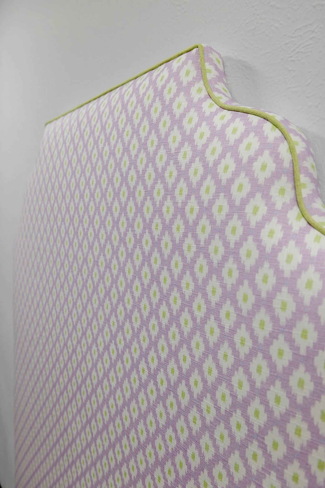 65" H Twin Headboard in Dottie Lavender Fabric - Green Trim - Image 2