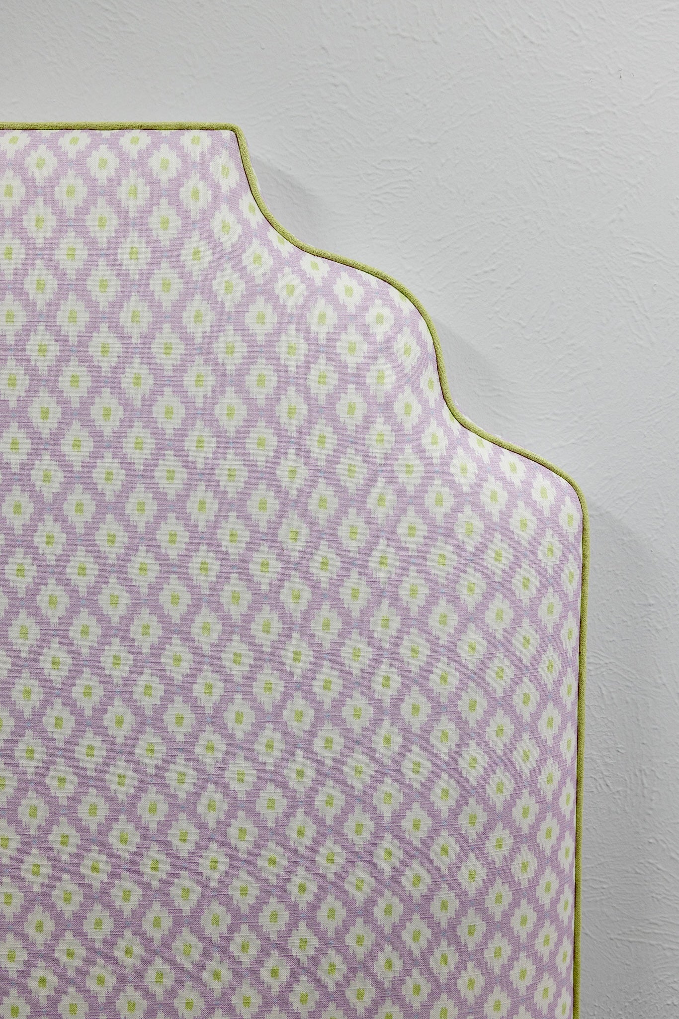 65" H Twin Headboard in Dottie Lavender Fabric - Green Trim - Image 3