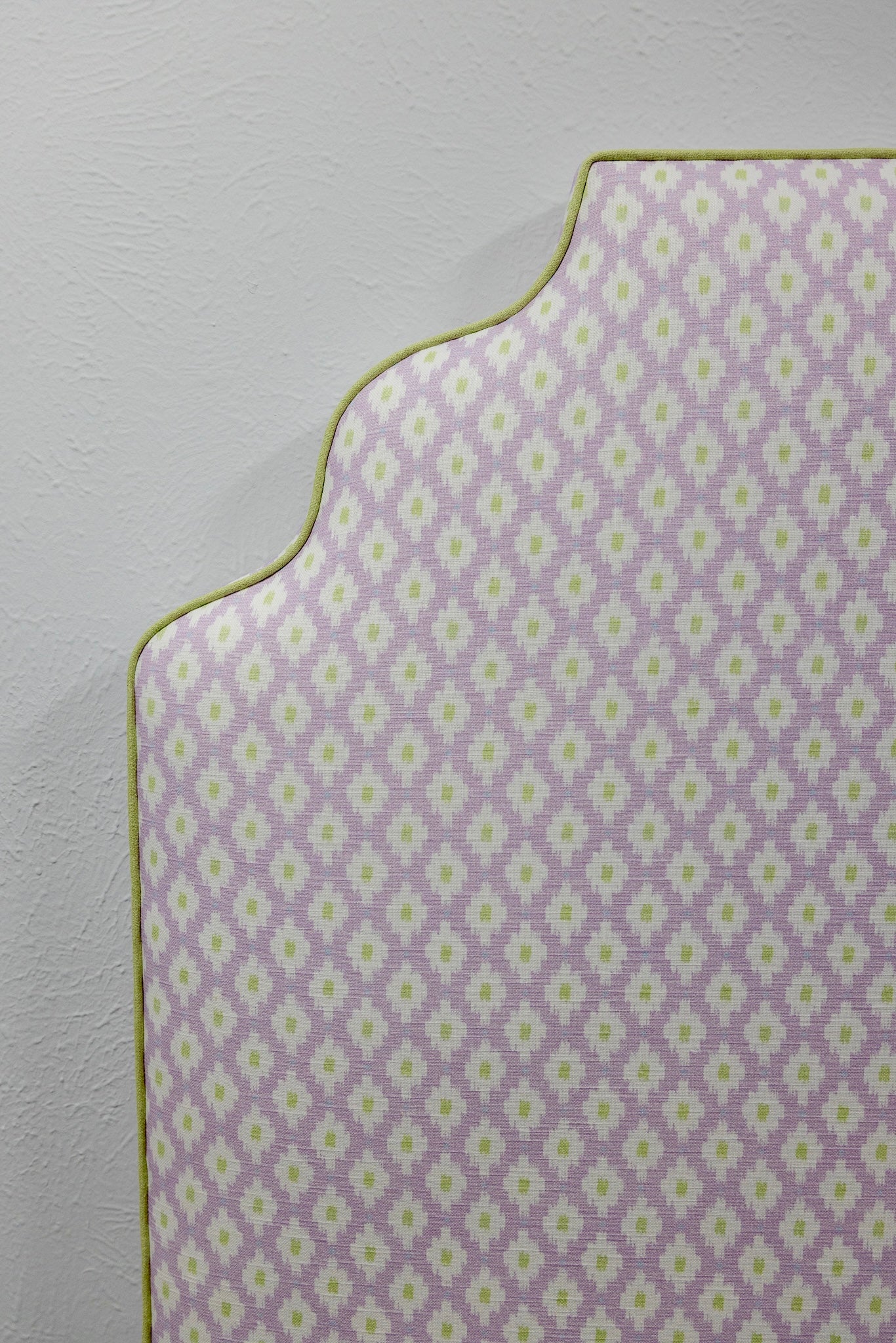 65" H Twin Headboard in Dottie Lavender Fabric - Green Trim - Image 4