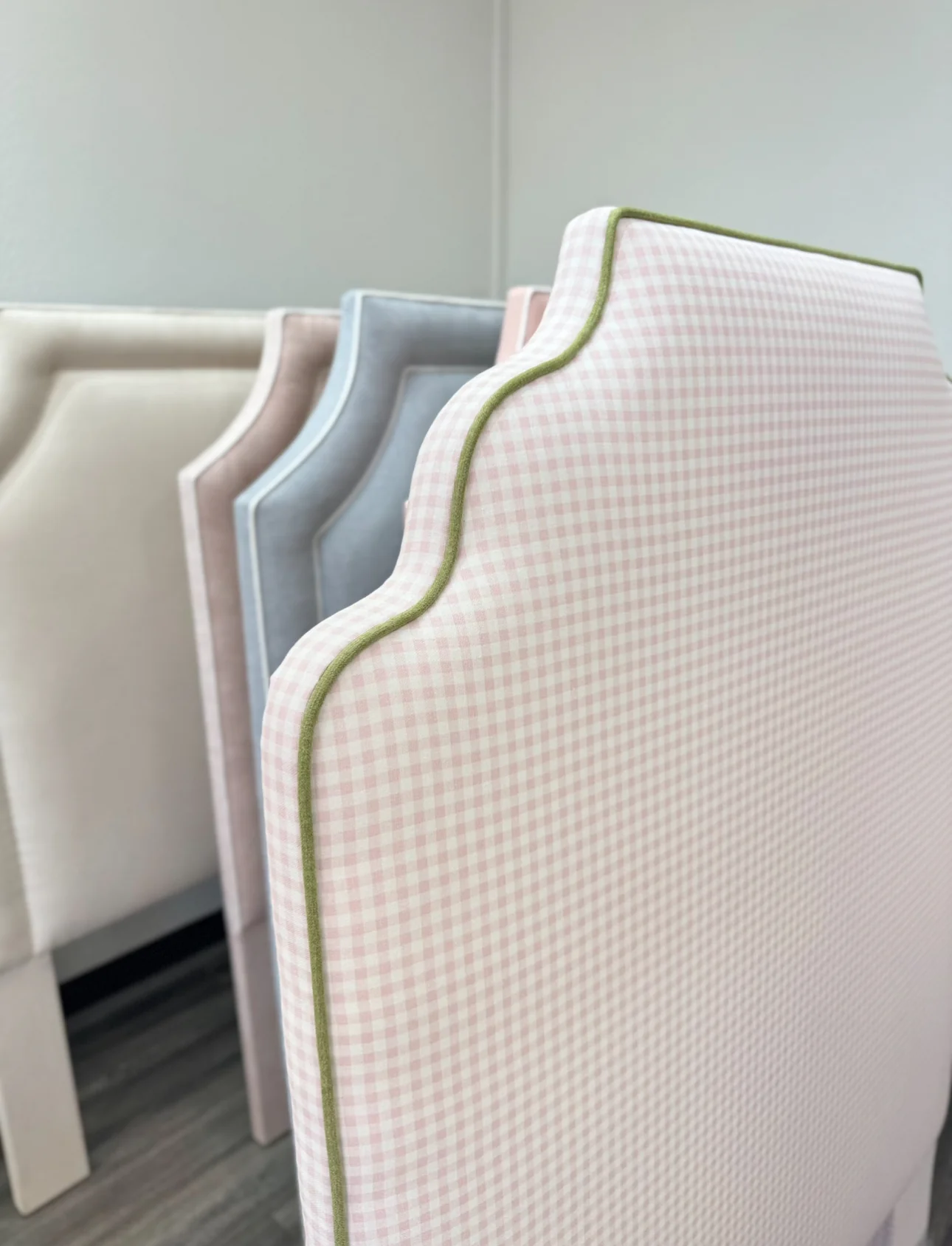 65" H Twin Headboard in Light Pink Gingham Fabric - Green Trim - Image 4