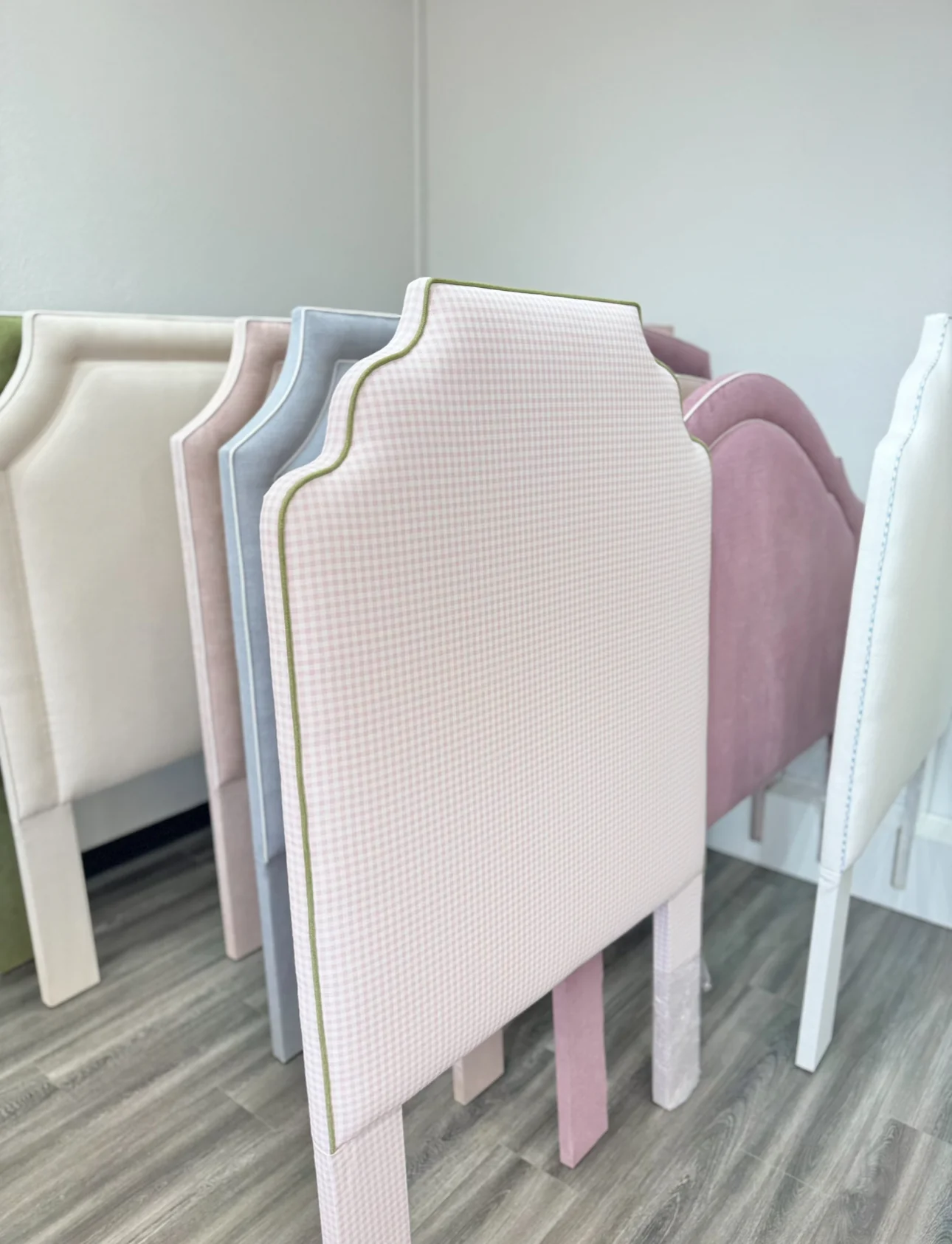 65" H Twin Headboard in Light Pink Gingham Fabric - Green Trim - Image 5