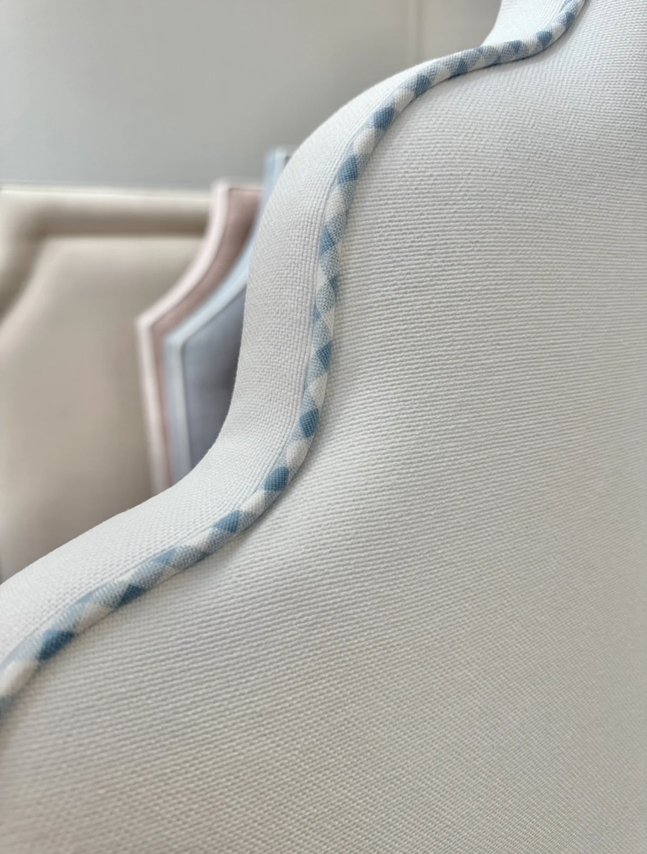 65" H Twin Headboard in White Linen - Blue Gingham Trim - Image 3