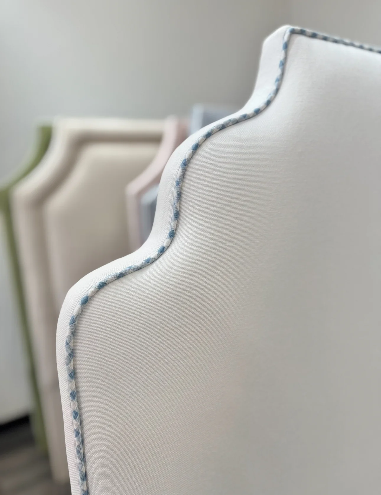 65" H Twin Headboard in White Linen - Blue Gingham Trim - Image 5