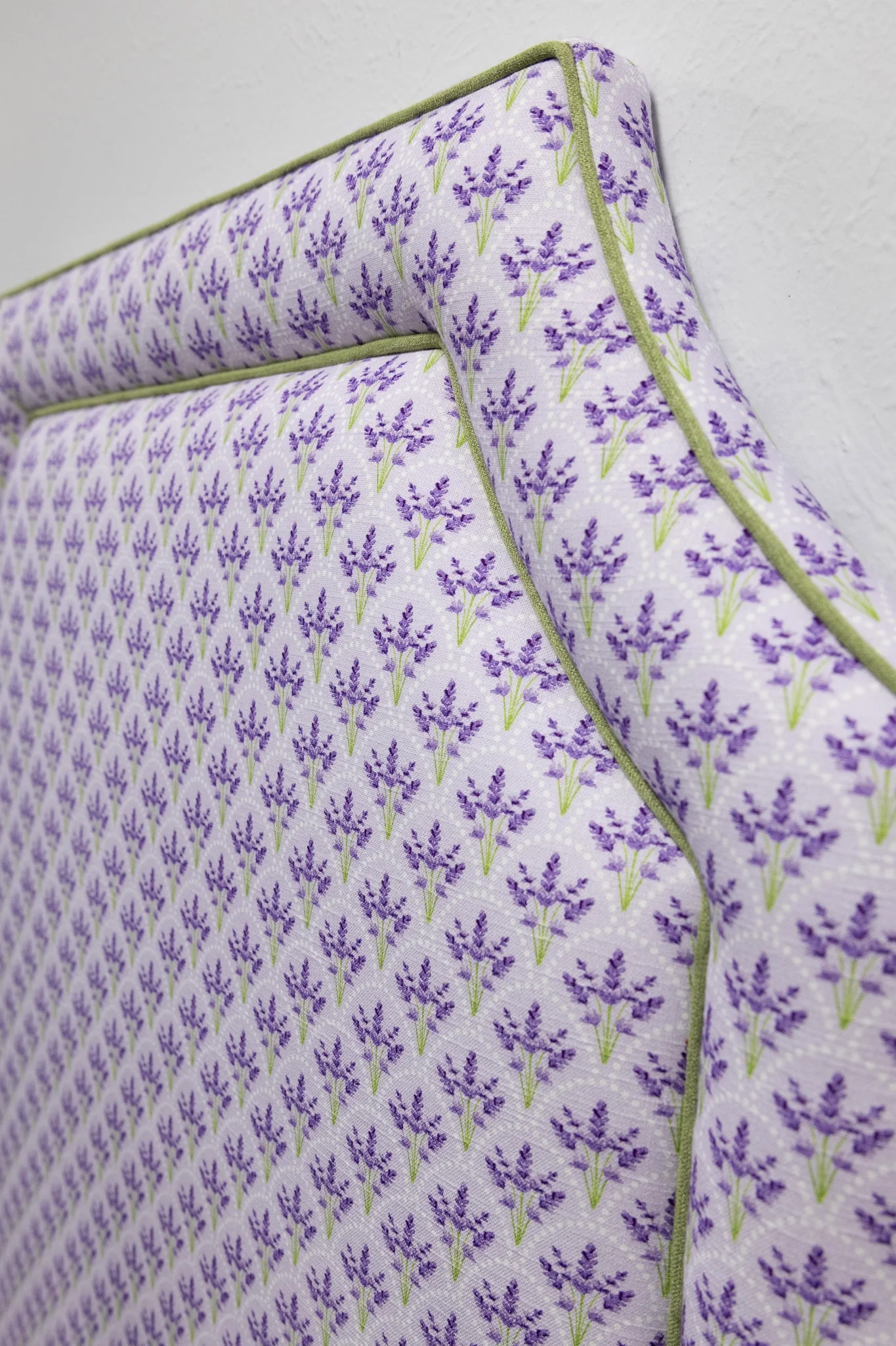 65”H Twin Headboard only - Juliette Lavender Floral Linen Fabric - Green Trim - Image 3