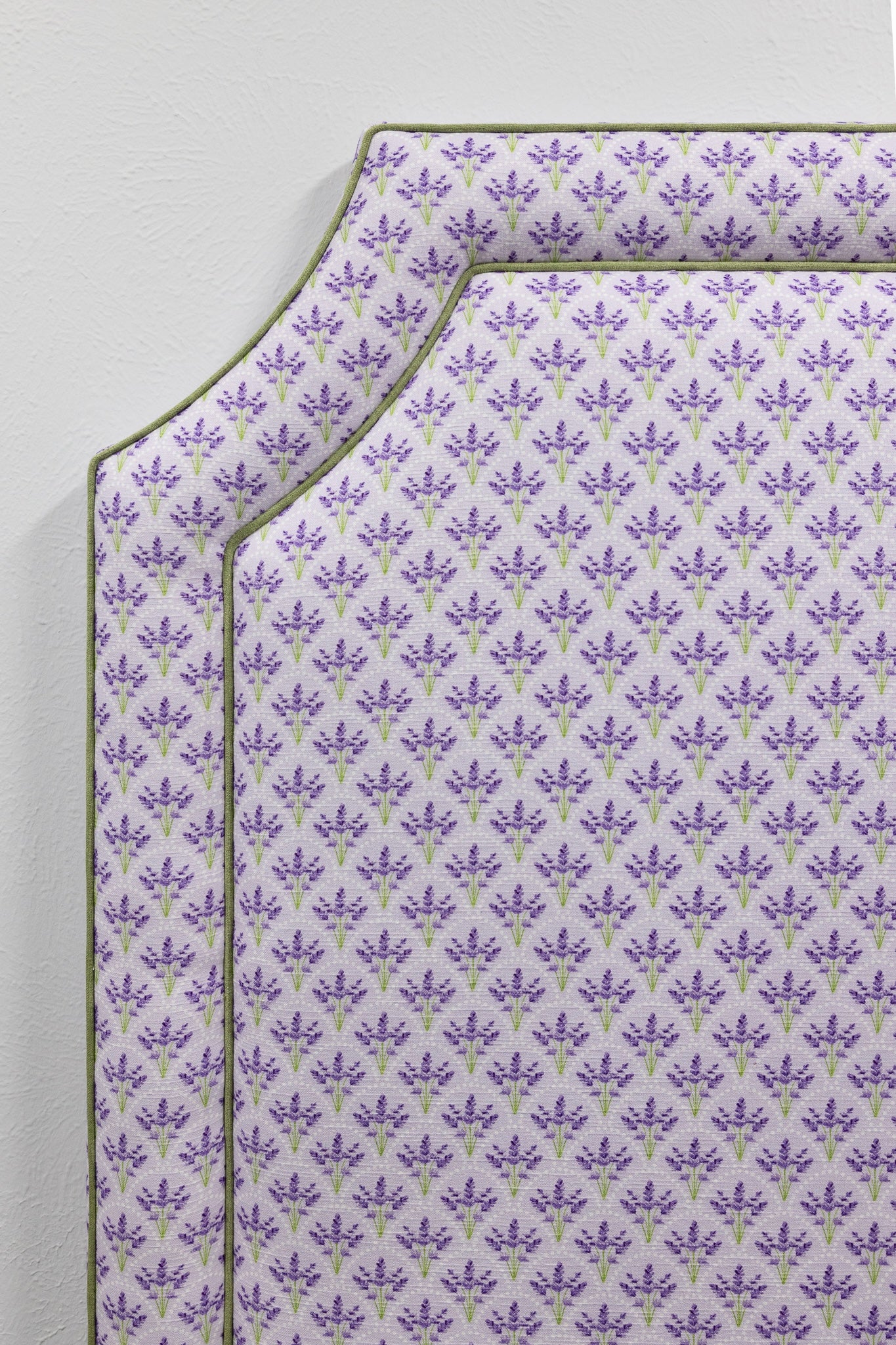 65”H Twin Headboard only - Juliette Lavender Floral Linen Fabric - Green Trim - Image 4