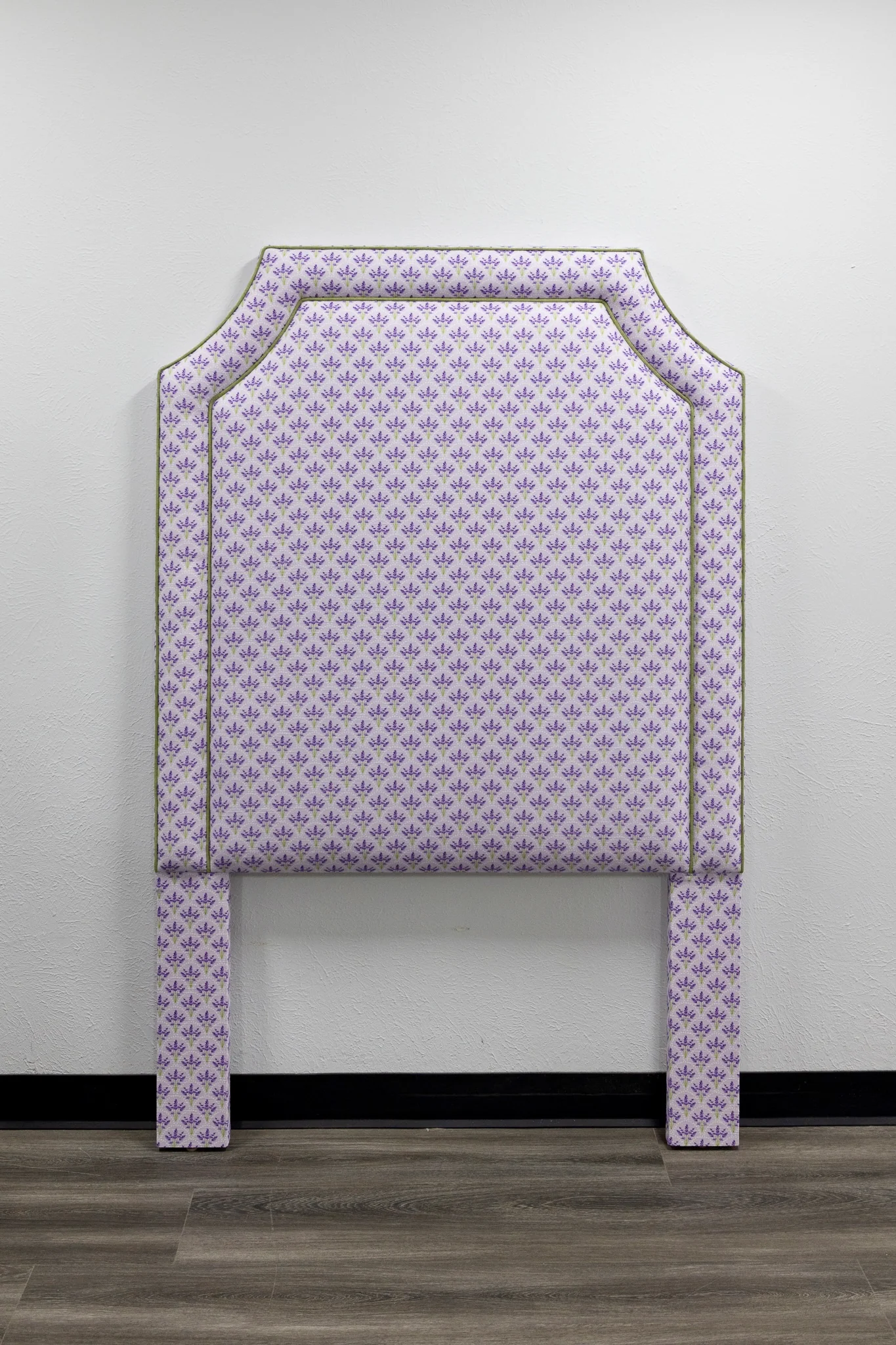 65”H Twin Headboard only - Juliette Lavender Floral Linen Fabric - Green Trim - Image 6