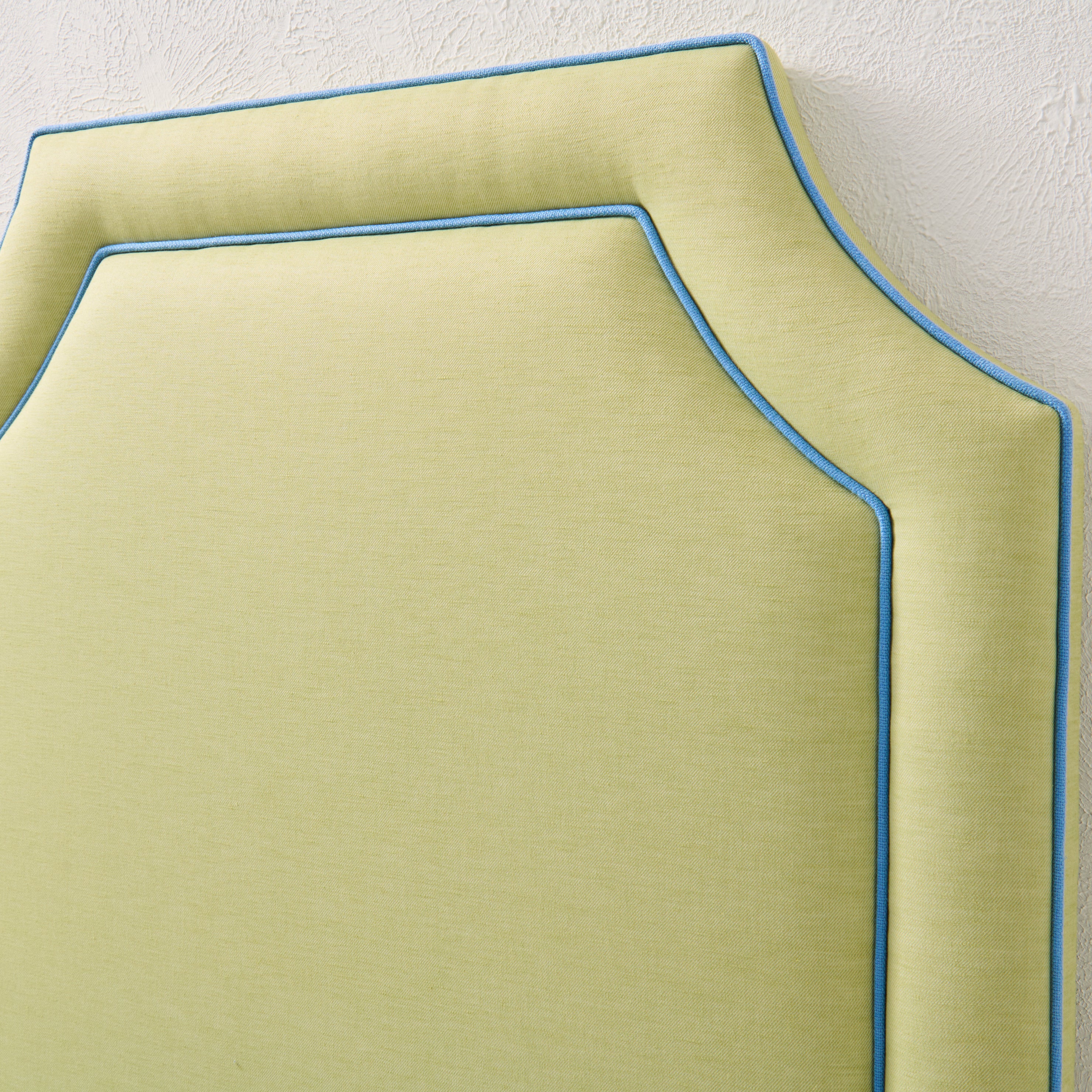 65āH Twin Headboard only - Lime Green Linen Fabric with Blue Trim - Image 2