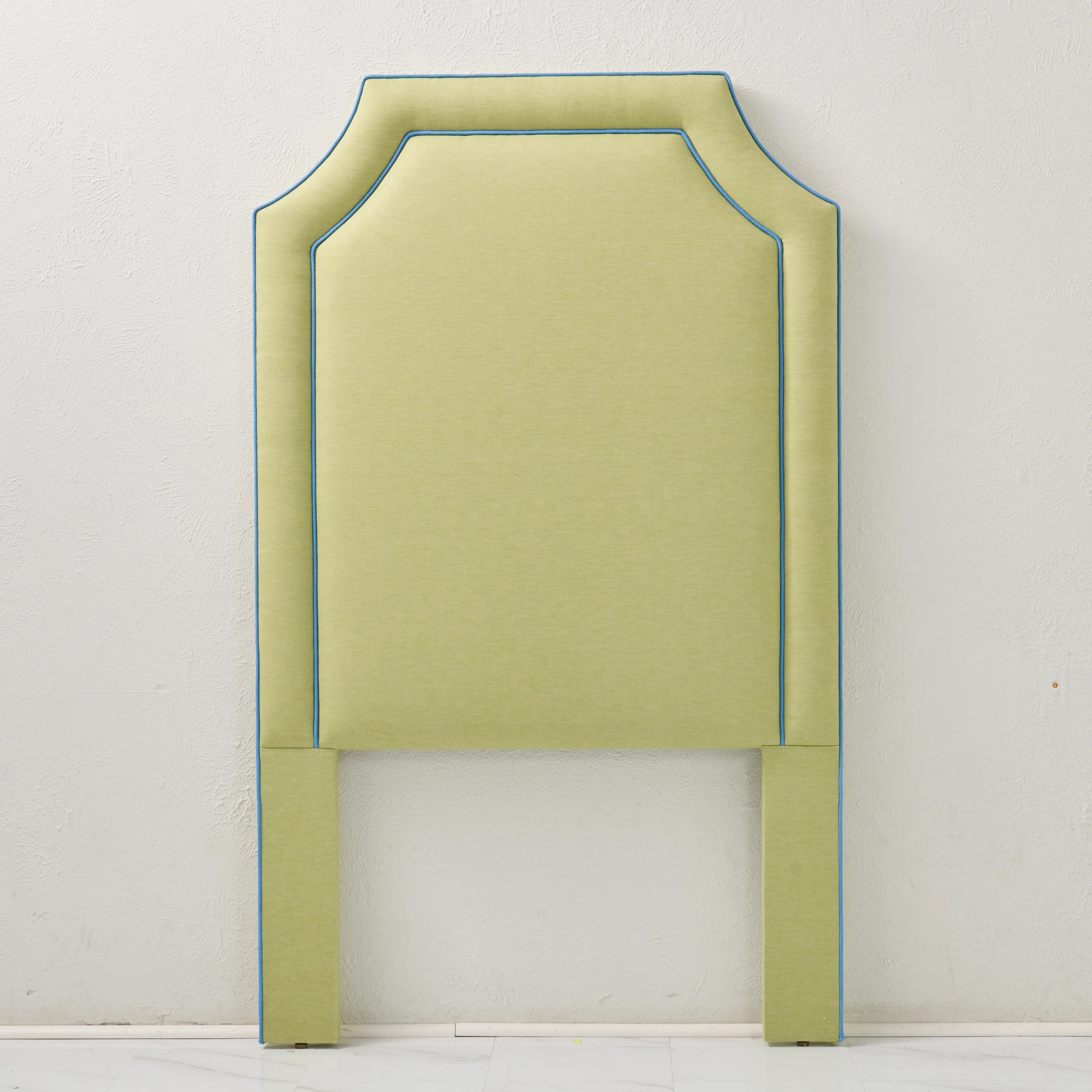 65āH Twin Headboard only - Lime Green Linen Fabric with Blue Trim - Image 4