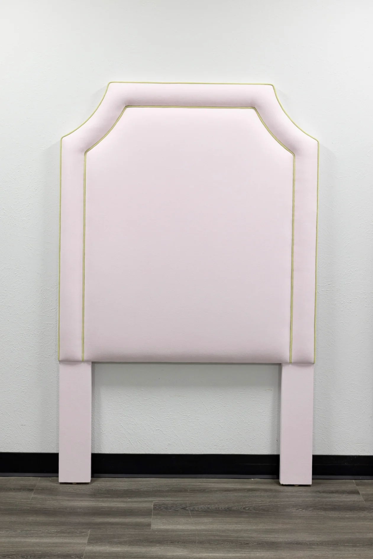 65”H Twin Headboard only - Powder Pink Woven Fabric - Green Trim - Image 5
