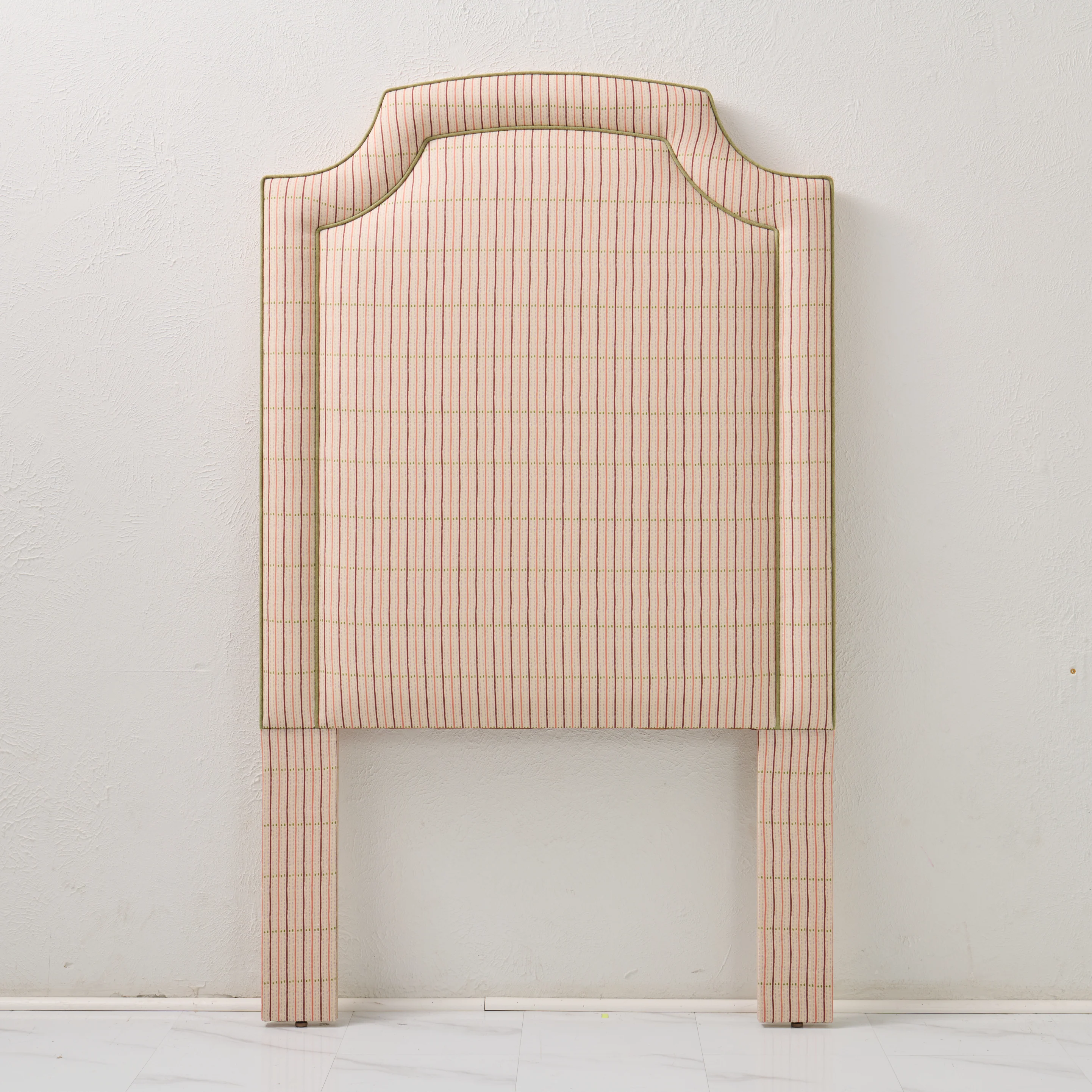 65”H Twin Headboard only - Striped Cream Fabric - Green Trim - Image 6