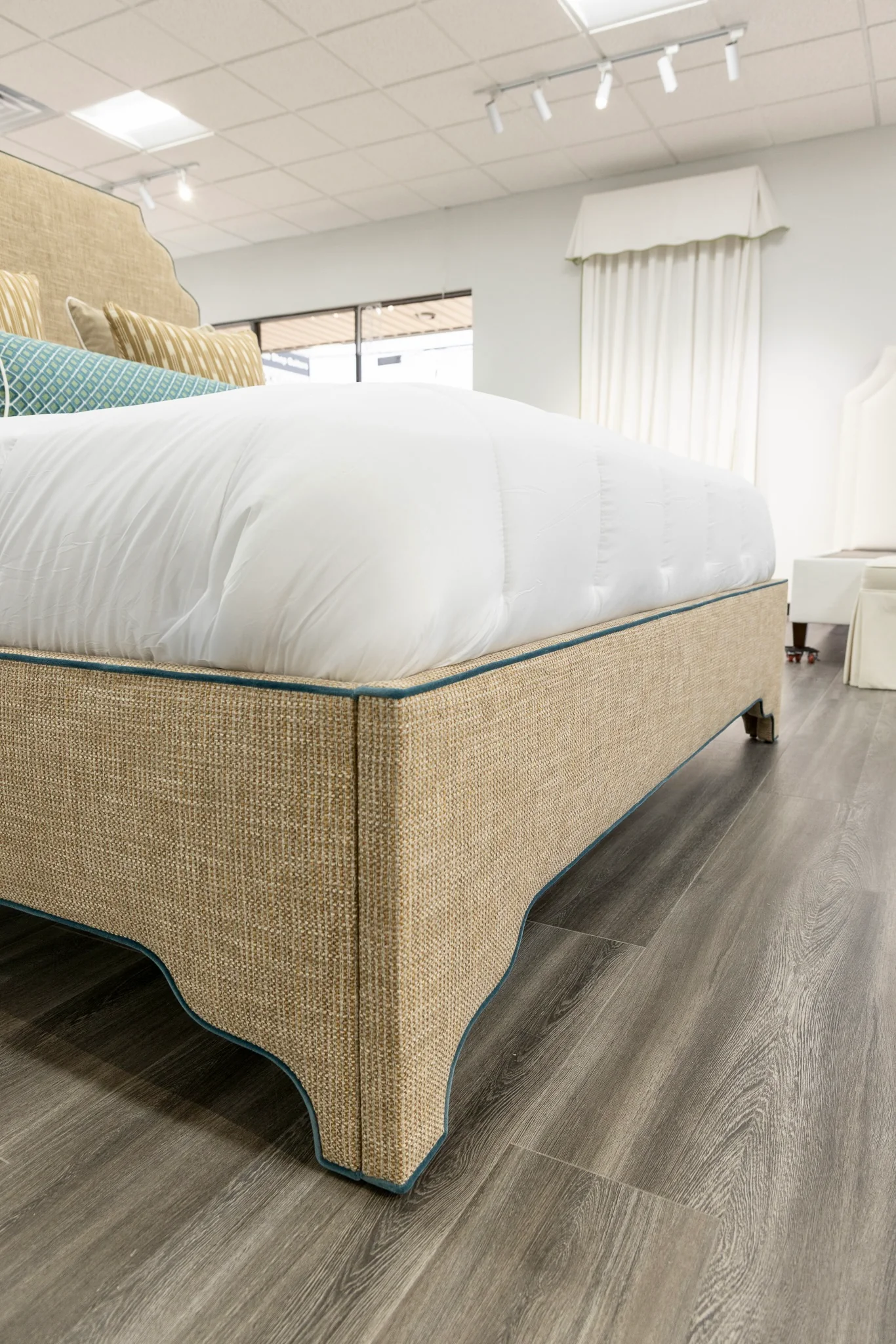65"H Helena King Platform Bed - Scalloped Legs - Performance Brown Linen Fabric - Blue Trim - Image 2