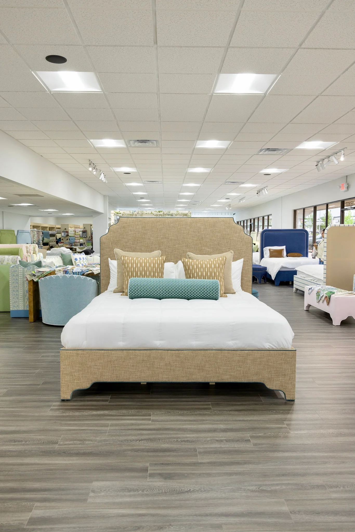 65"H Helena King Platform Bed - Scalloped Legs - Performance Brown Linen Fabric - Blue Trim - Image 5