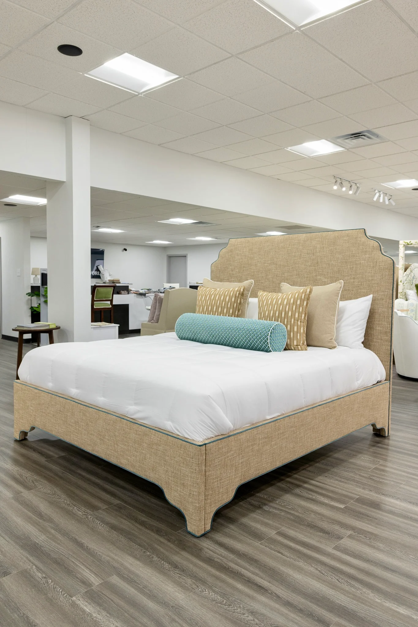 65"H Helena King Platform Bed - Scalloped Legs - Performance Brown Linen Fabric - Blue Trim - Image 7