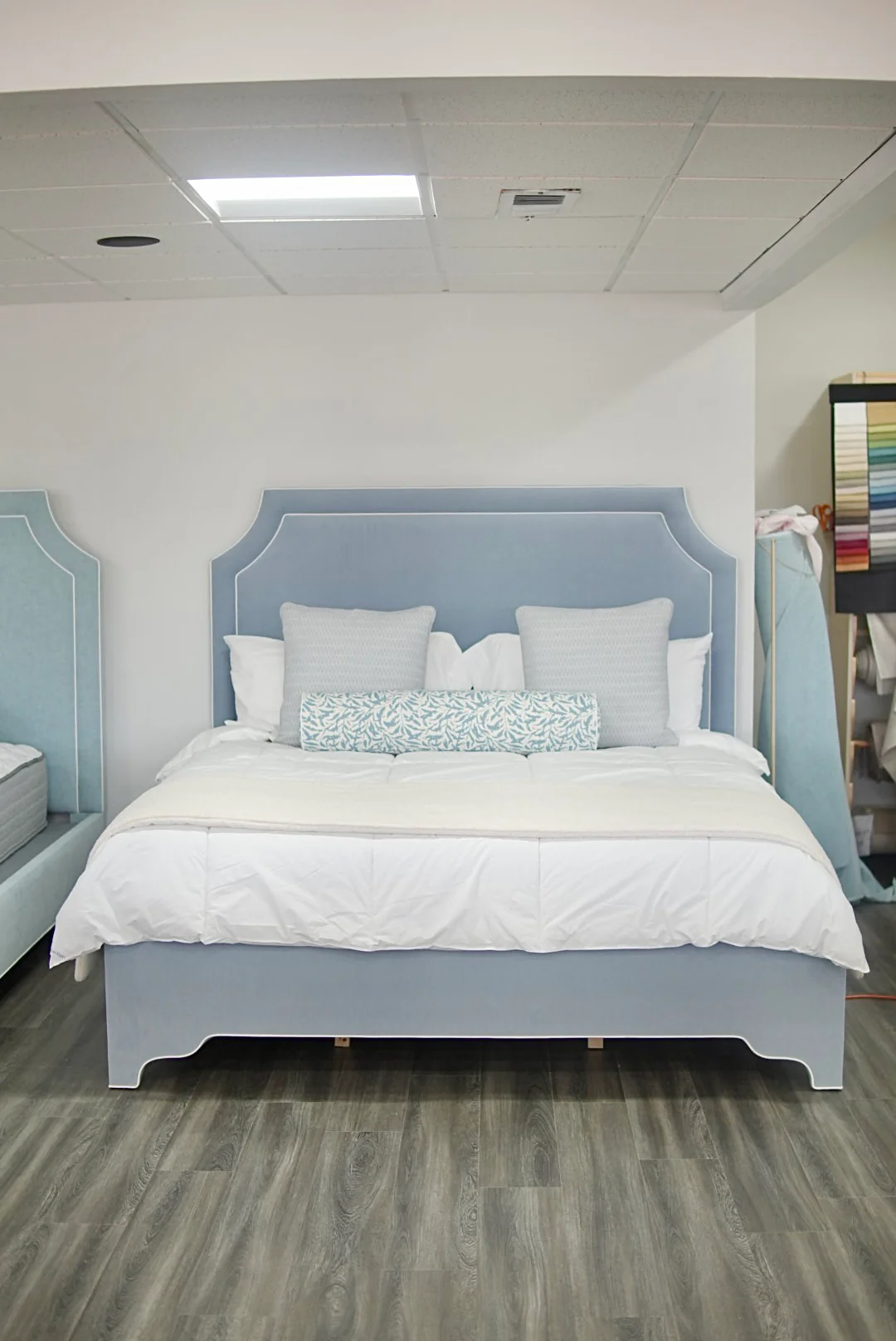 65"H King Bed - Ashley Blue Chenille Fabric - Image 2