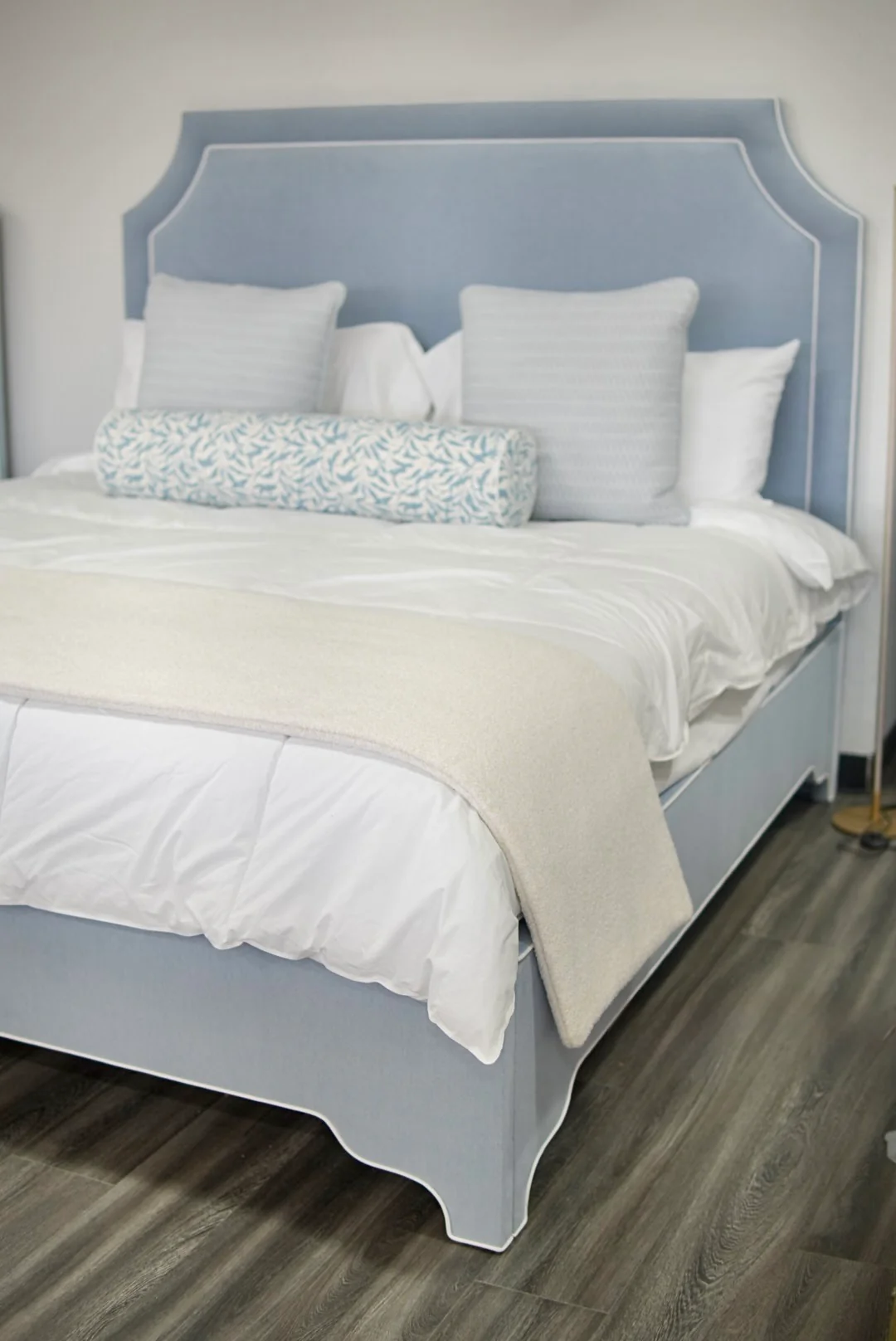 65"H King Bed - Ashley Blue Chenille Fabric - Image 4