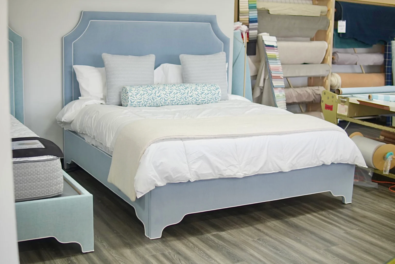 65"H King Bed - Ashley Blue Chenille Fabric - Image 6