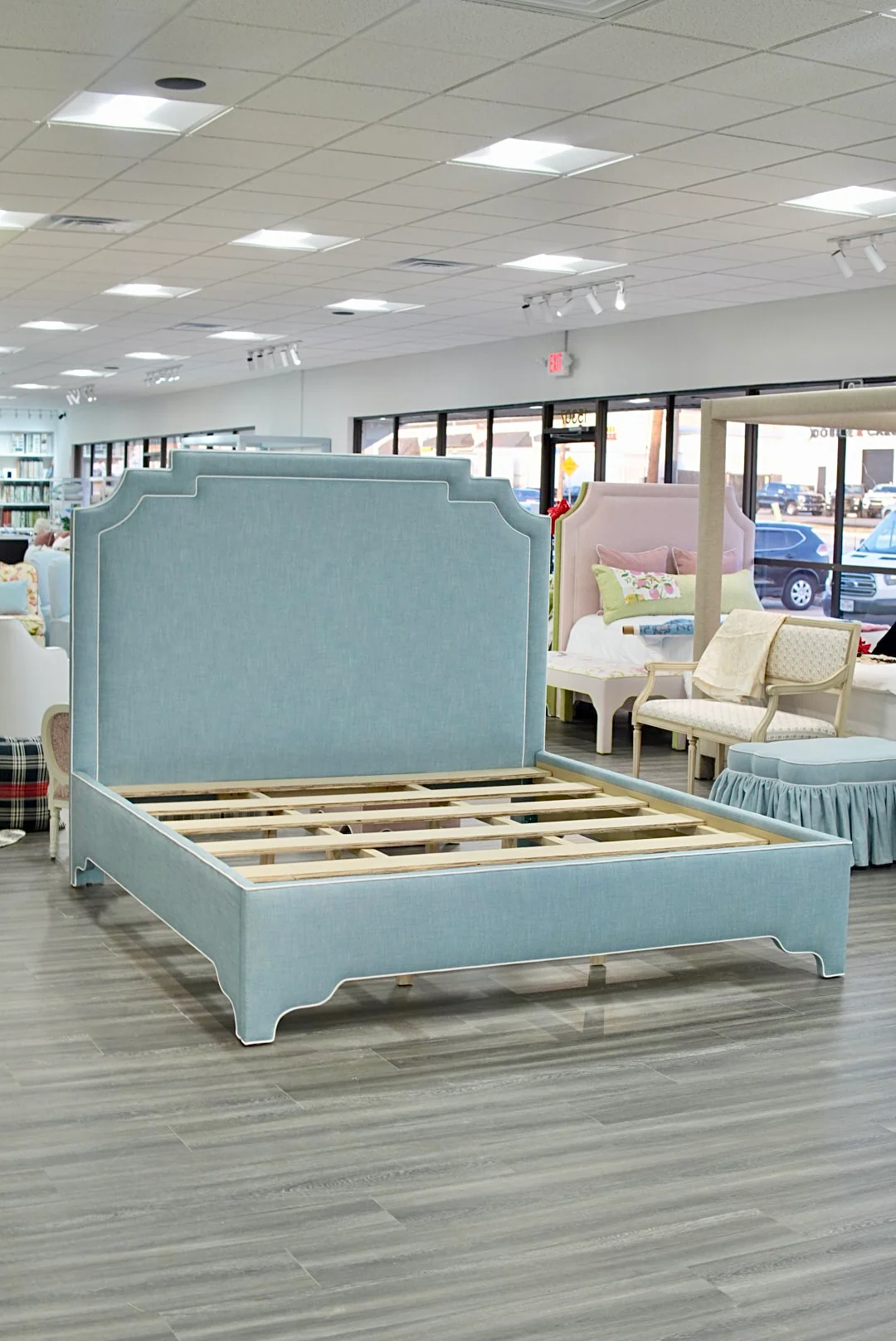 65"H King Bed - Glacier Blue Linen Fabric with White Trim - Image 2