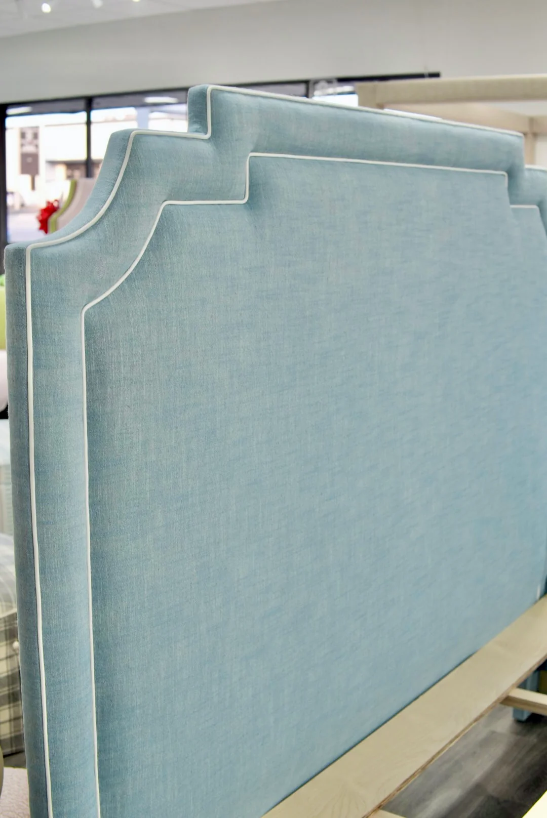 65"H King Bed - Glacier Blue Linen Fabric with White Trim - Image 6