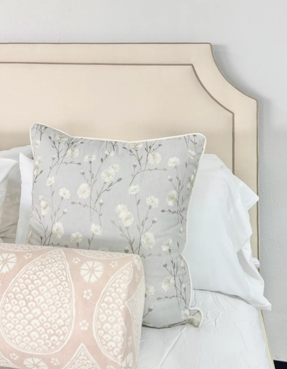 65"H King Headboard in Oat Meal Woven Fabric - Mushroom Trim - Image 2