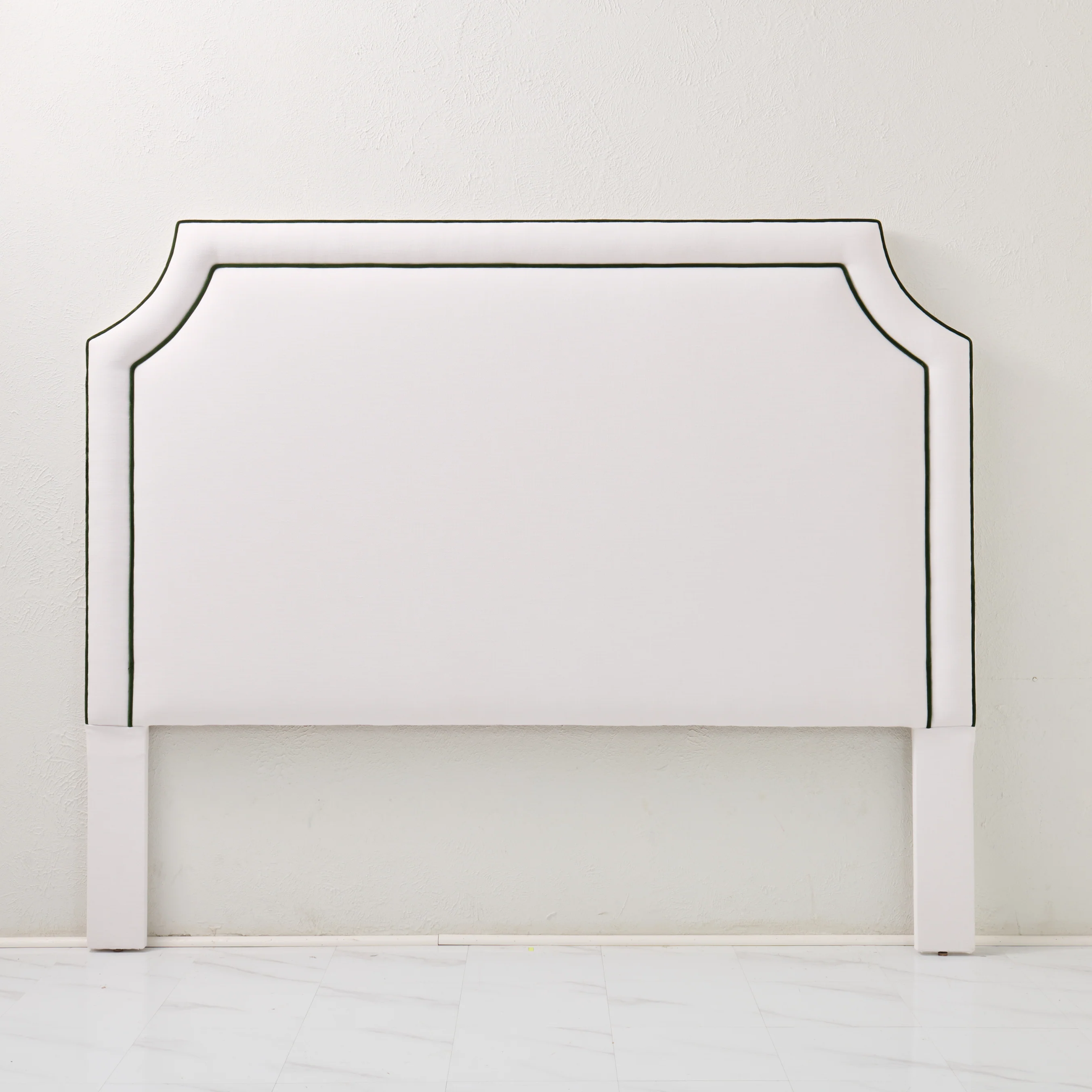65"H King Headboard in White Linen Fabric - Green Velvet Trim - Image 2