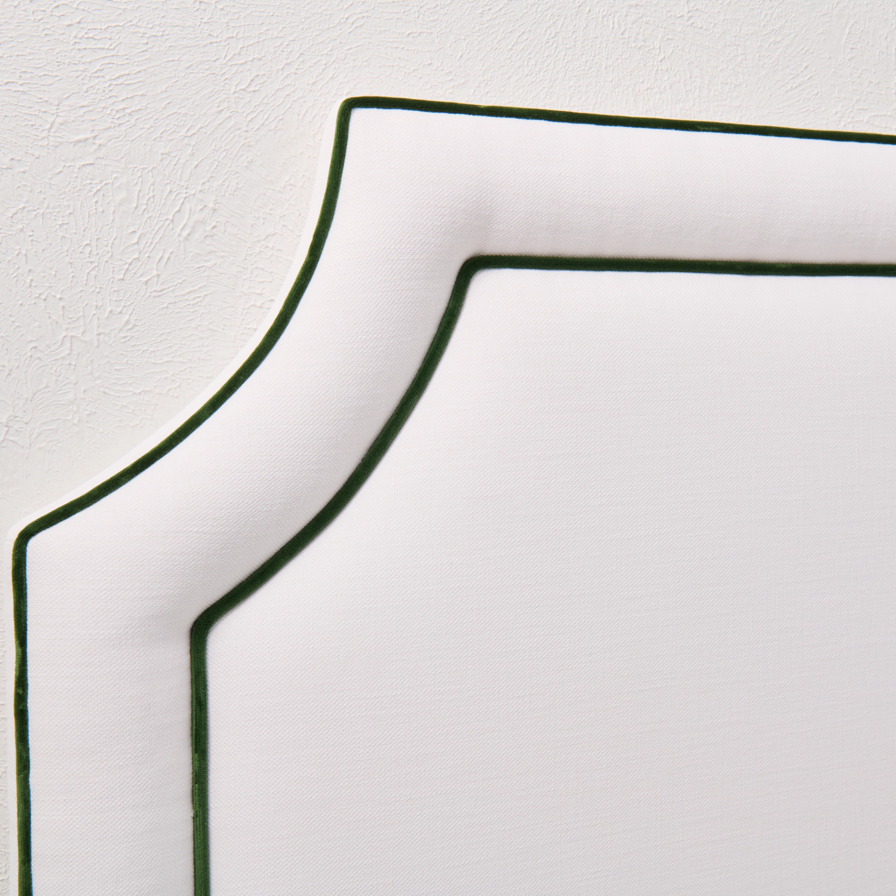 65"H King Headboard in White Linen Fabric - Green Velvet Trim - Image 5