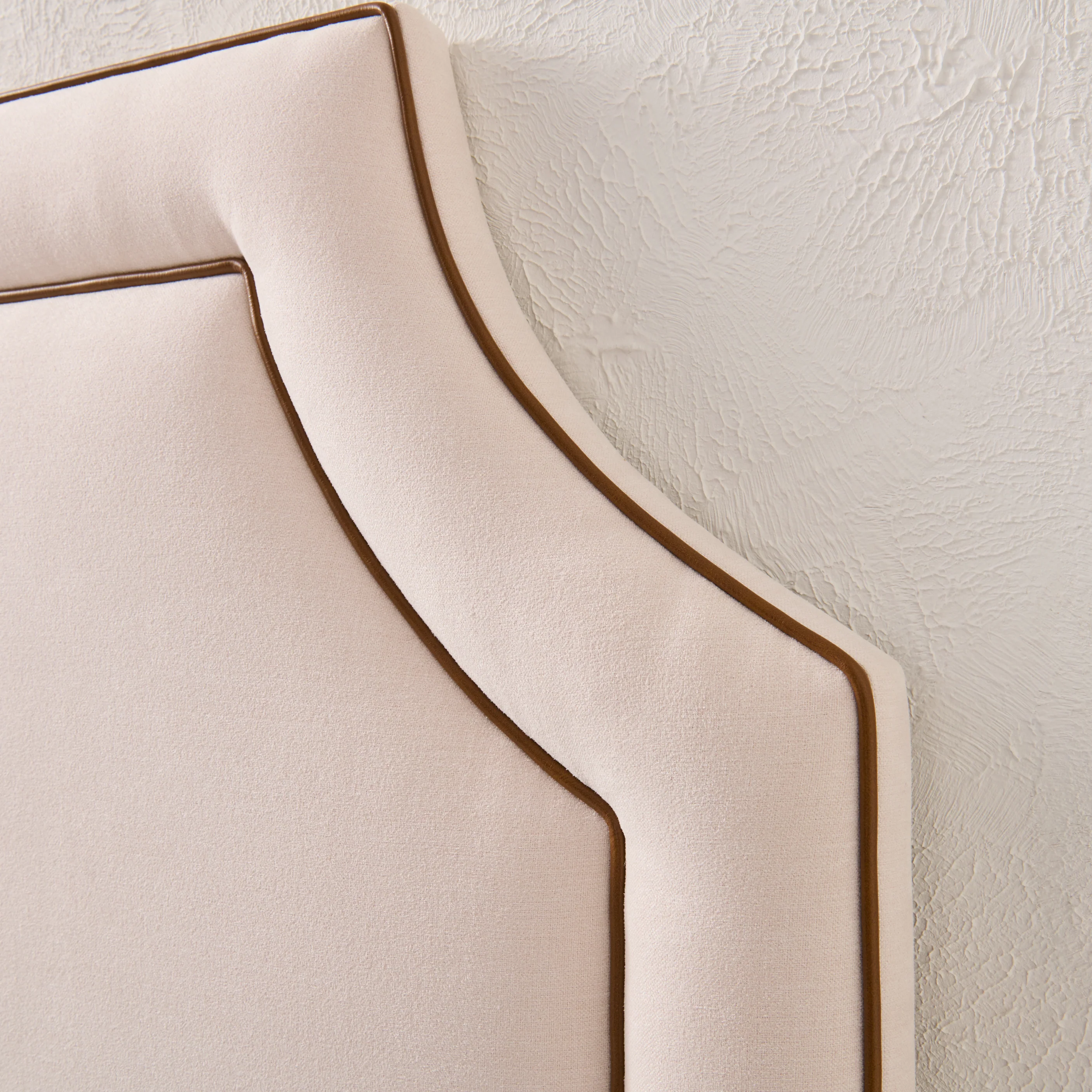65"H King Headboard in Cream Woven Fabric - Brown Leather Trim - Image 2
