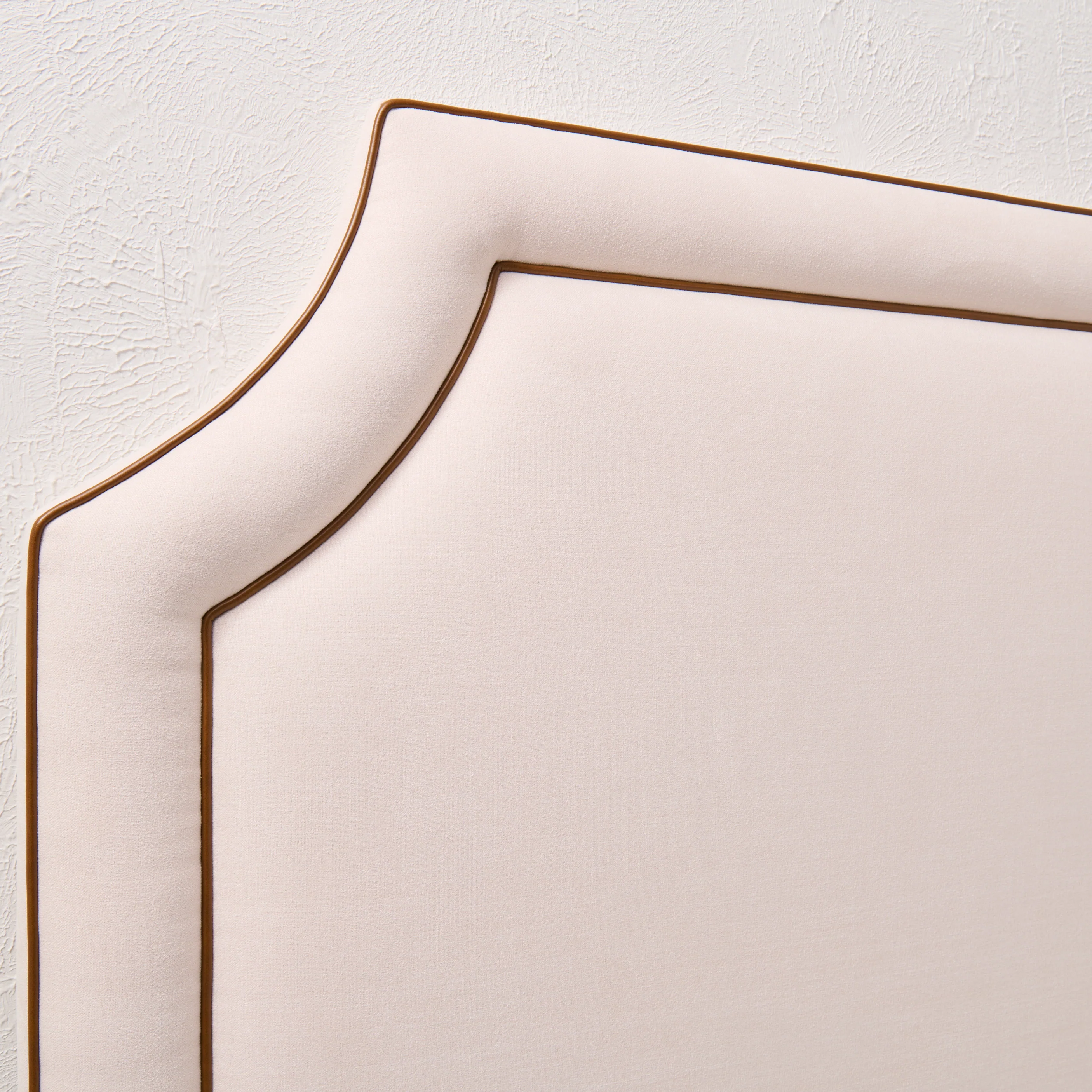 65"H King Headboard in Cream Woven Fabric - Brown Leather Trim - Image 3