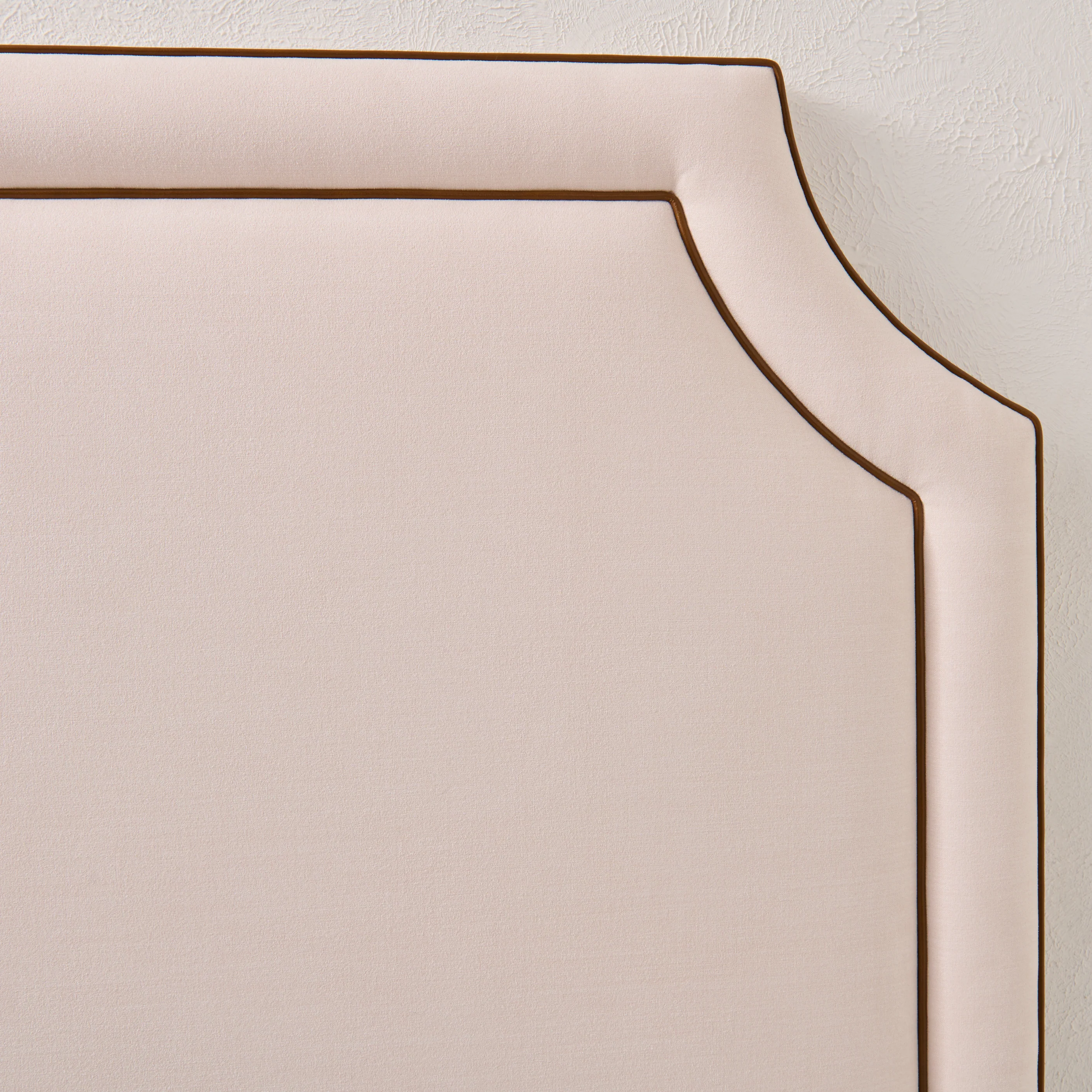 65"H King Headboard in Cream Woven Fabric - Brown Leather Trim - Image 4