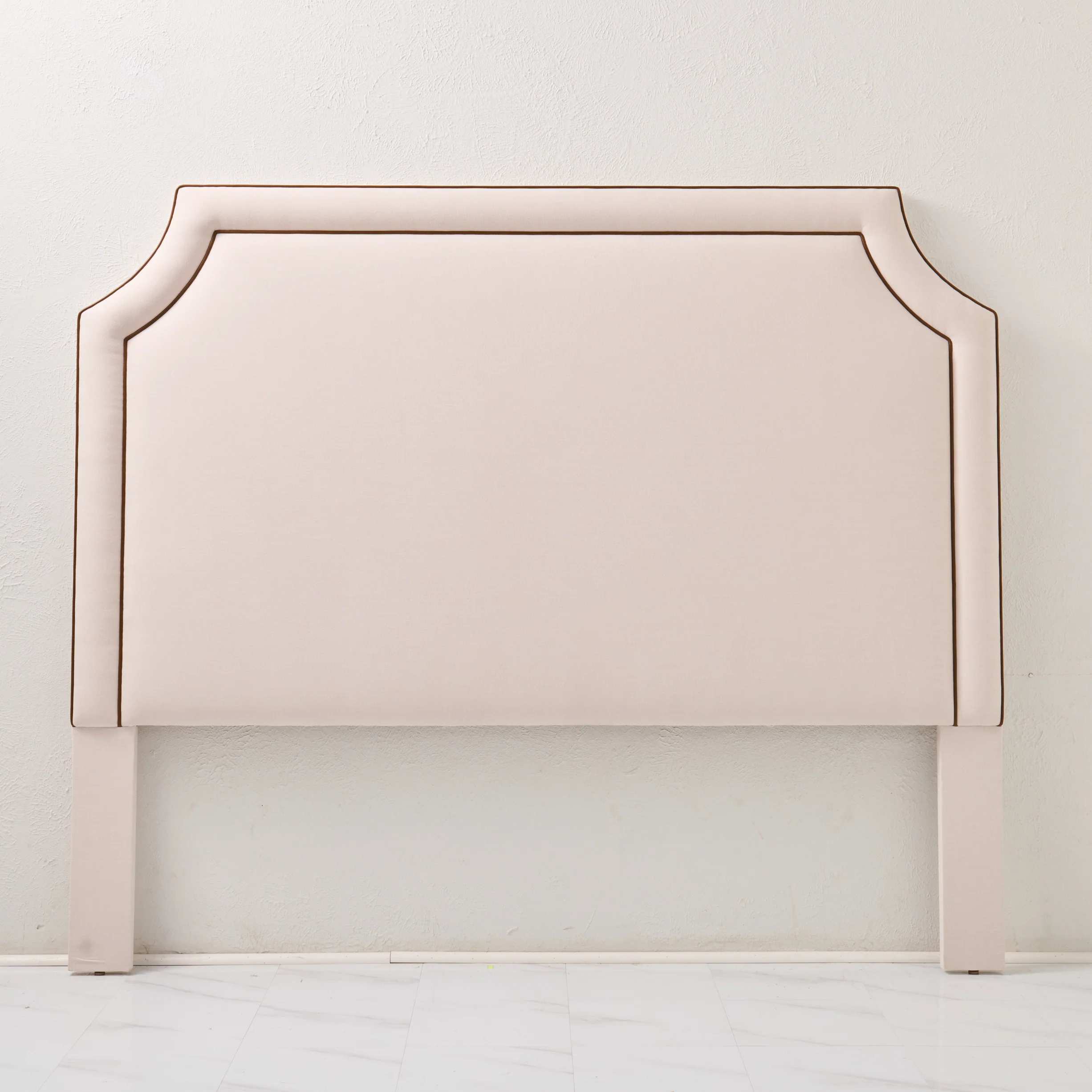 65"H King Headboard in Cream Woven Fabric - Brown Leather Trim - Image 5