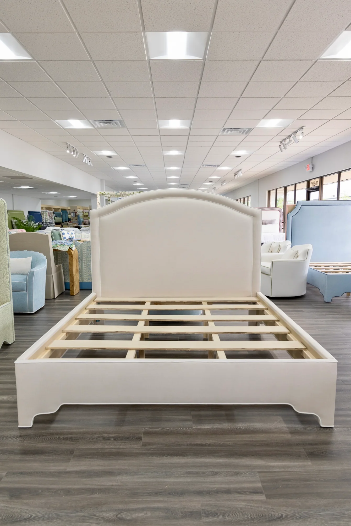 65"H King Platform Bed - Upholstered Legs - Oatmeal Woven Fabric - White Trim - Image 2
