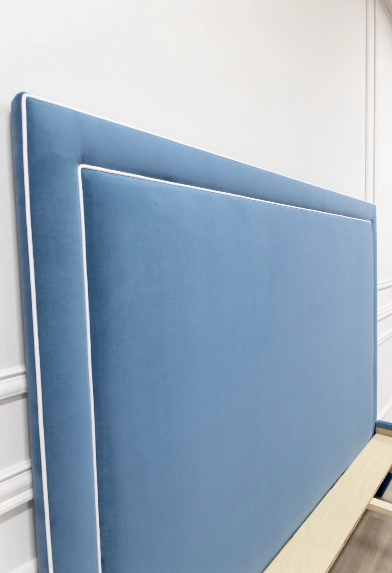 65"H King Platform Bed - Upholstered Legs - Ocean Blue Performance Velvet Fabric - White Trim - Image 10