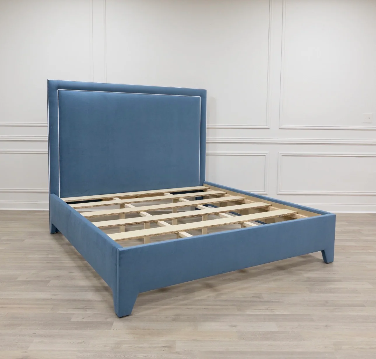 65"H King Platform Bed - Upholstered Legs - Ocean Blue Performance Velvet Fabric - White Trim - Image 11