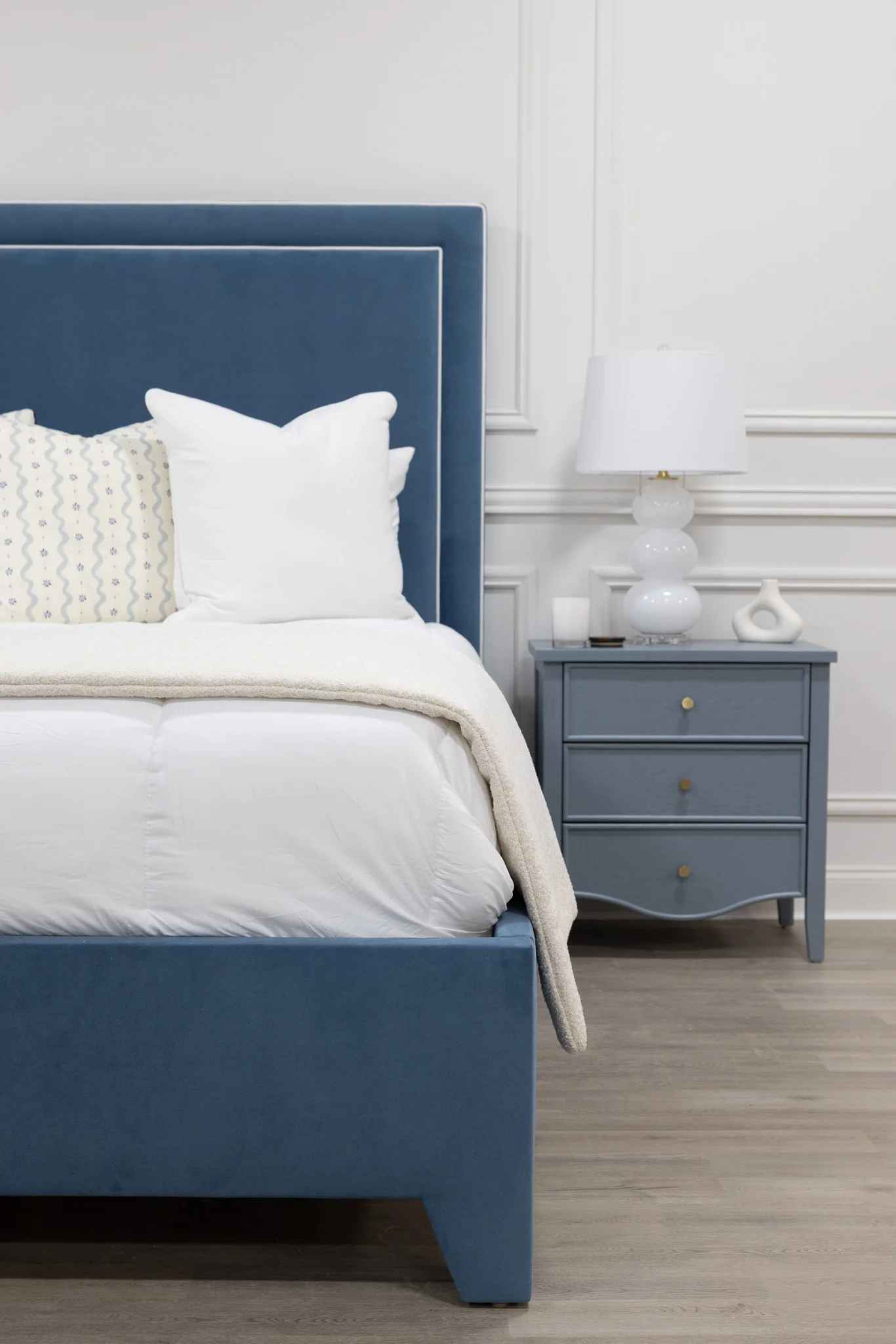 65"H King Platform Bed - Upholstered Legs - Ocean Blue Performance Velvet Fabric - White Trim - Image 2