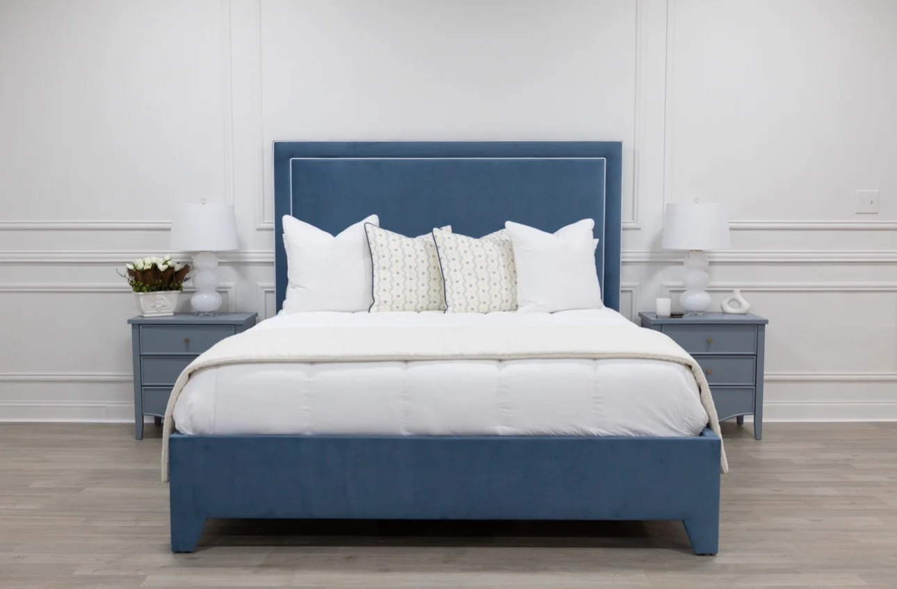 65"H King Platform Bed - Upholstered Legs - Ocean Blue Performance Velvet Fabric - White Trim - Image 5