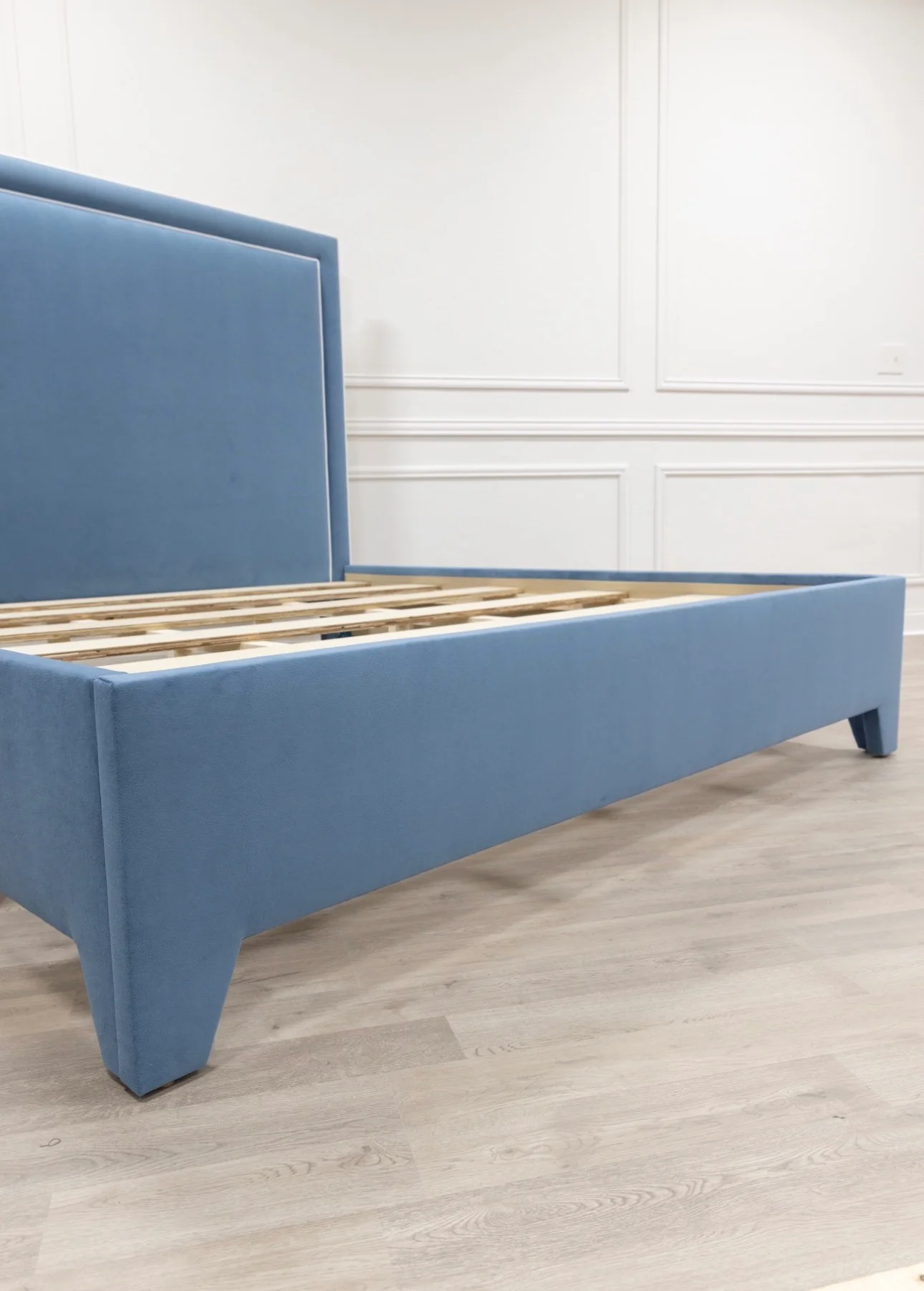 65"H King Platform Bed - Upholstered Legs - Ocean Blue Performance Velvet Fabric - White Trim - Image 6