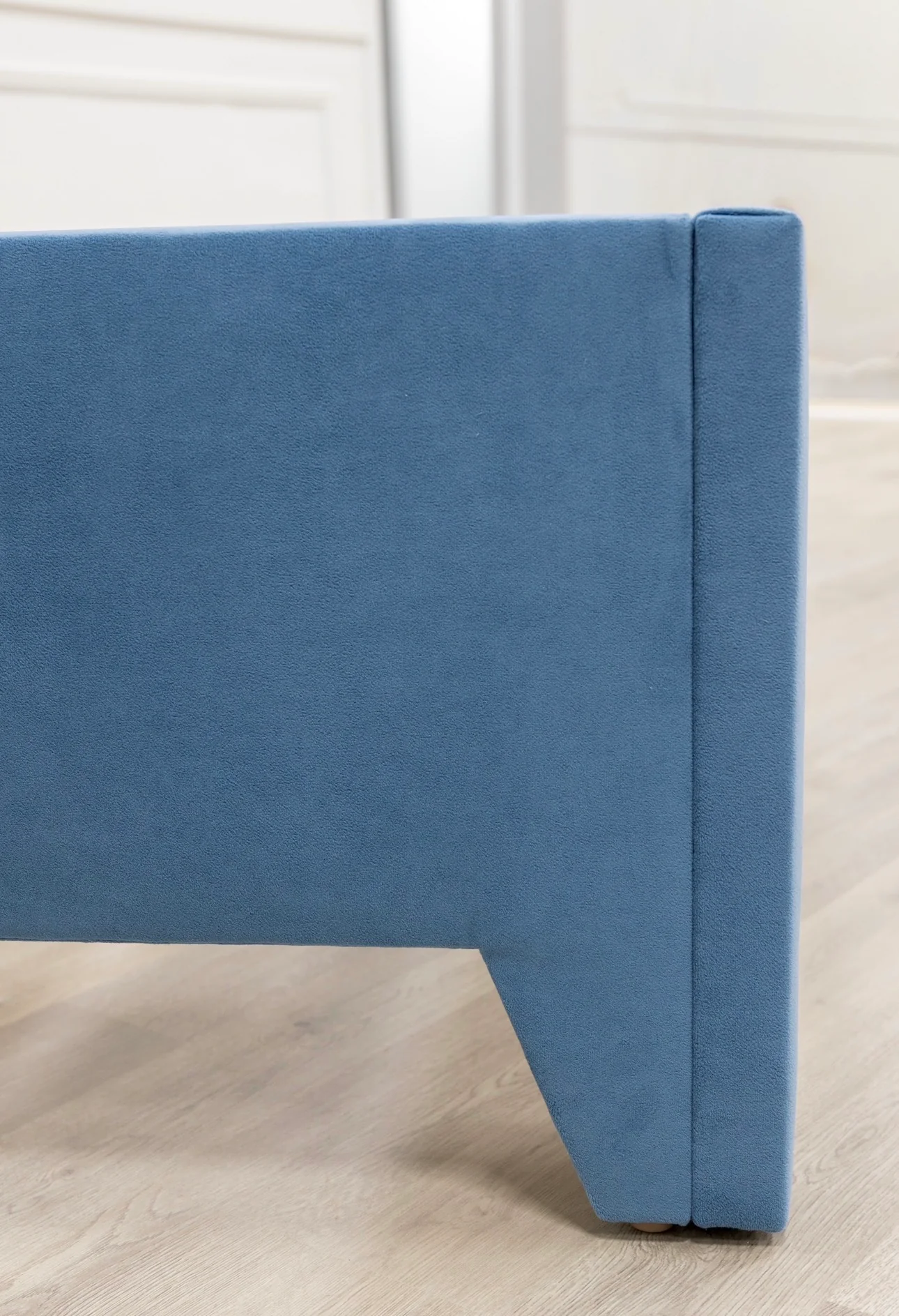 65"H King Platform Bed - Upholstered Legs - Ocean Blue Performance Velvet Fabric - White Trim - Image 7
