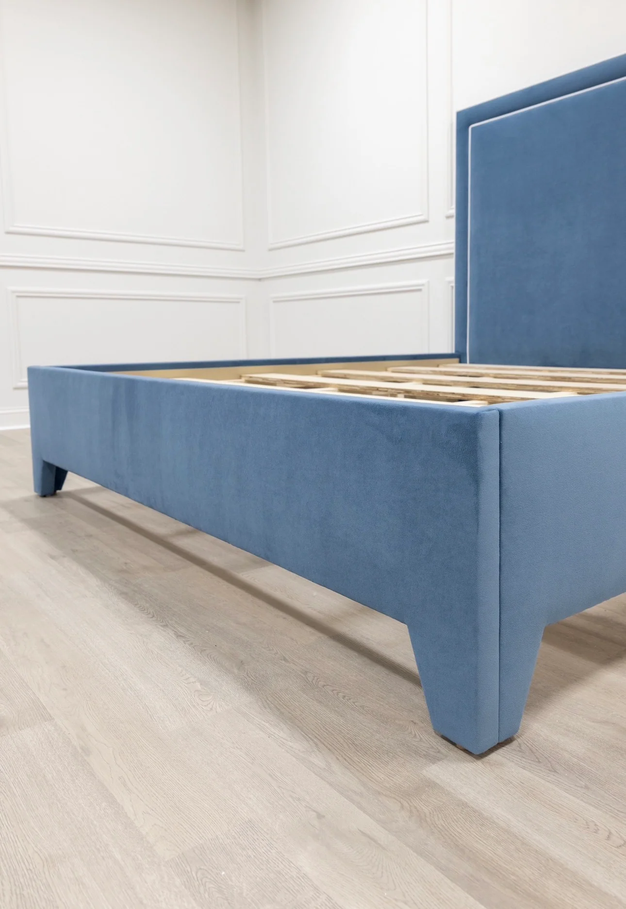 65"H King Platform Bed - Upholstered Legs - Ocean Blue Performance Velvet Fabric - White Trim - Image 8